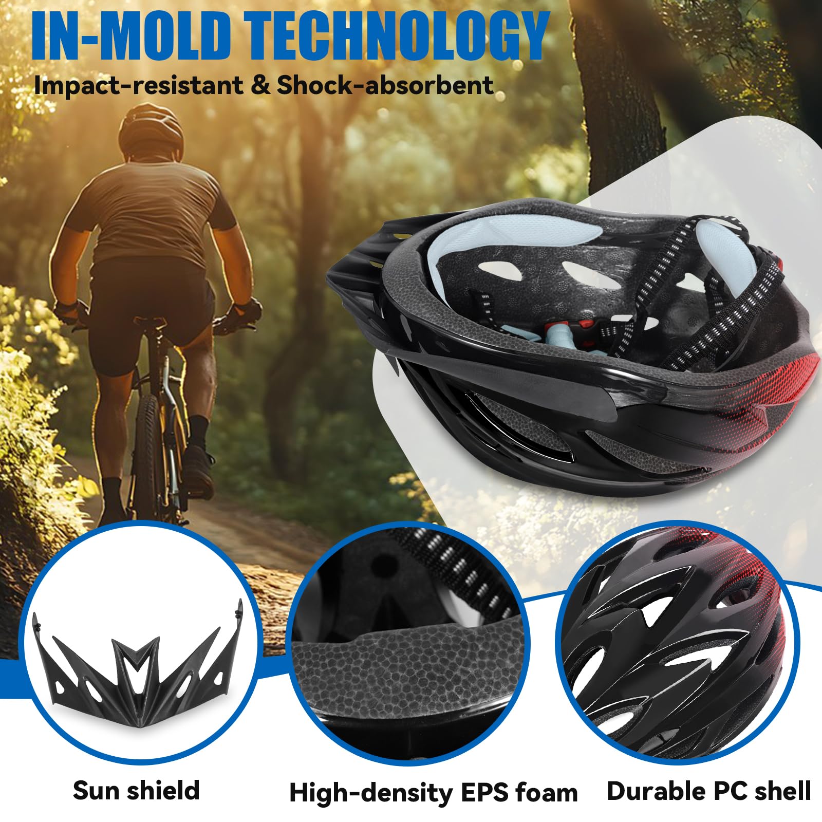 Casque de Vélo LED 3 Modes Léger Réglable Visière Amovible Taille 58-62 cm