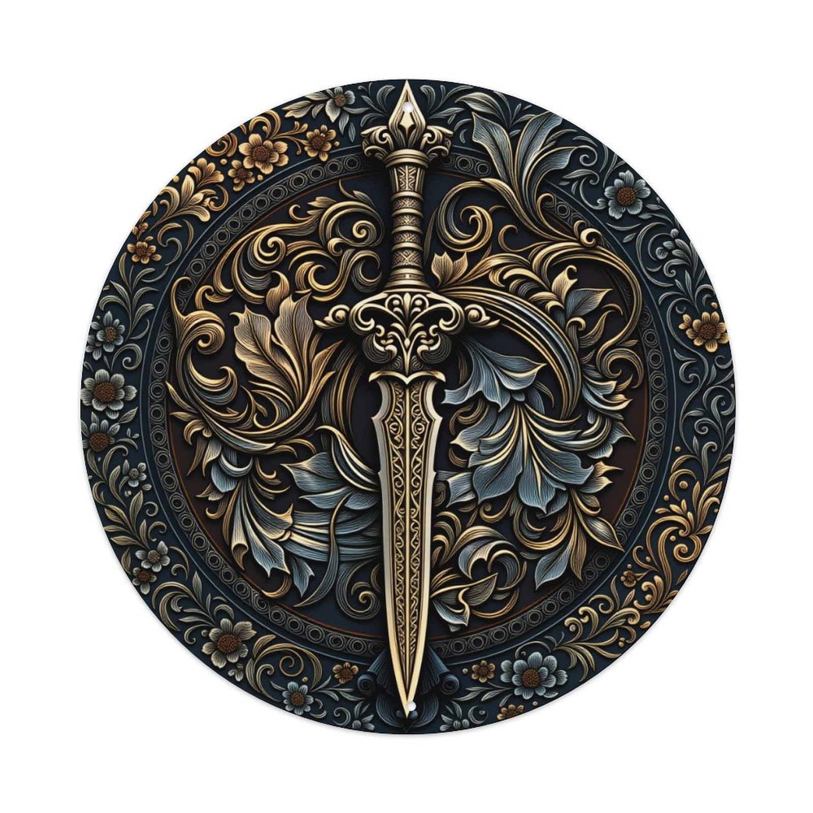 Ornate Sword Floral Design Pattern Round Tin Sign Vintage Style Metal Sign Home Bar Garden Wall Plaque Decor Metal Poster 8x8 Inch