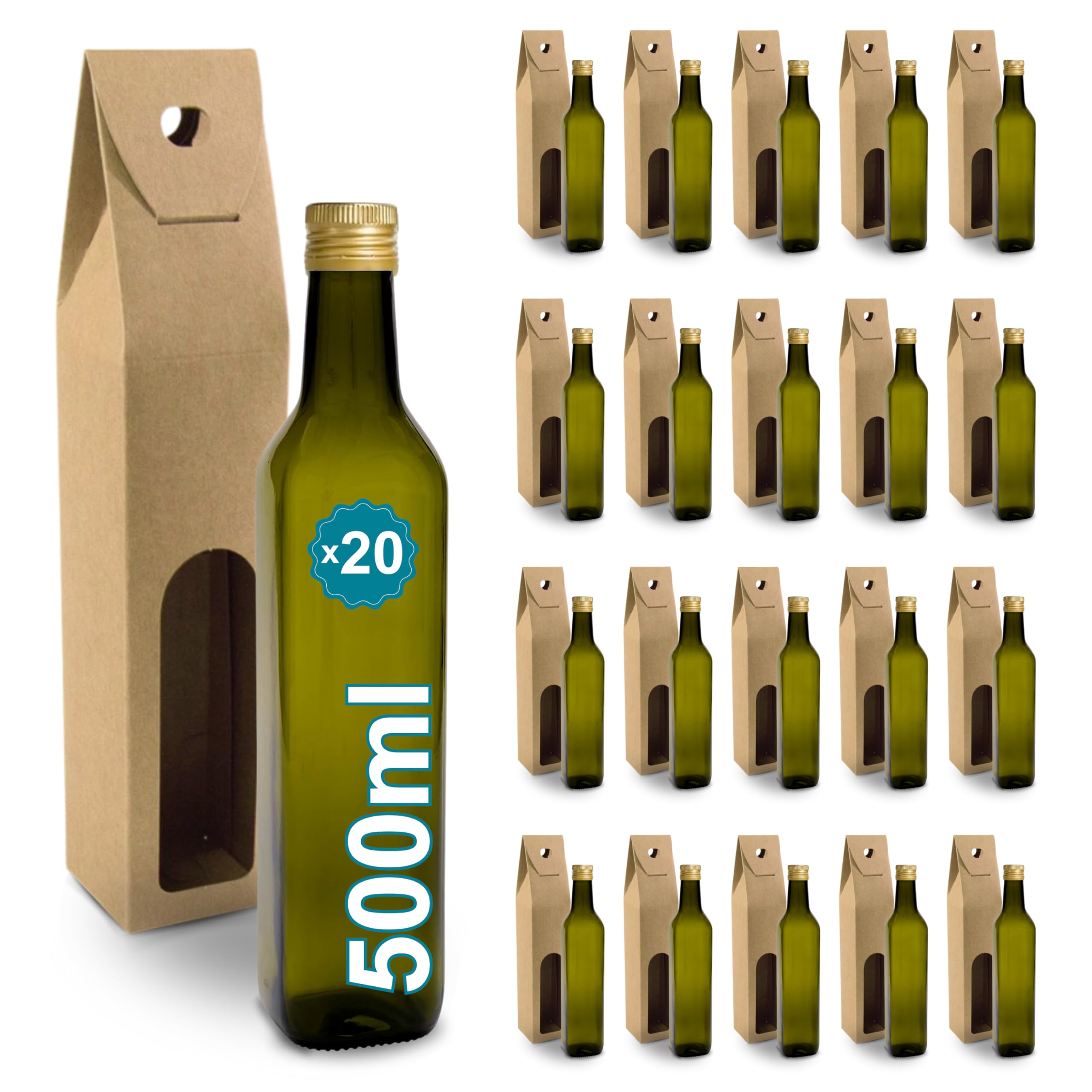 Espirito Rebelde 20 Flaschen aus dunklem Glas, 500 ml, mit goldfarbenem Schraubverschluss + 20 Dosen | Olivenöl, Essig, Alkohol | Ölflasche aus Glas