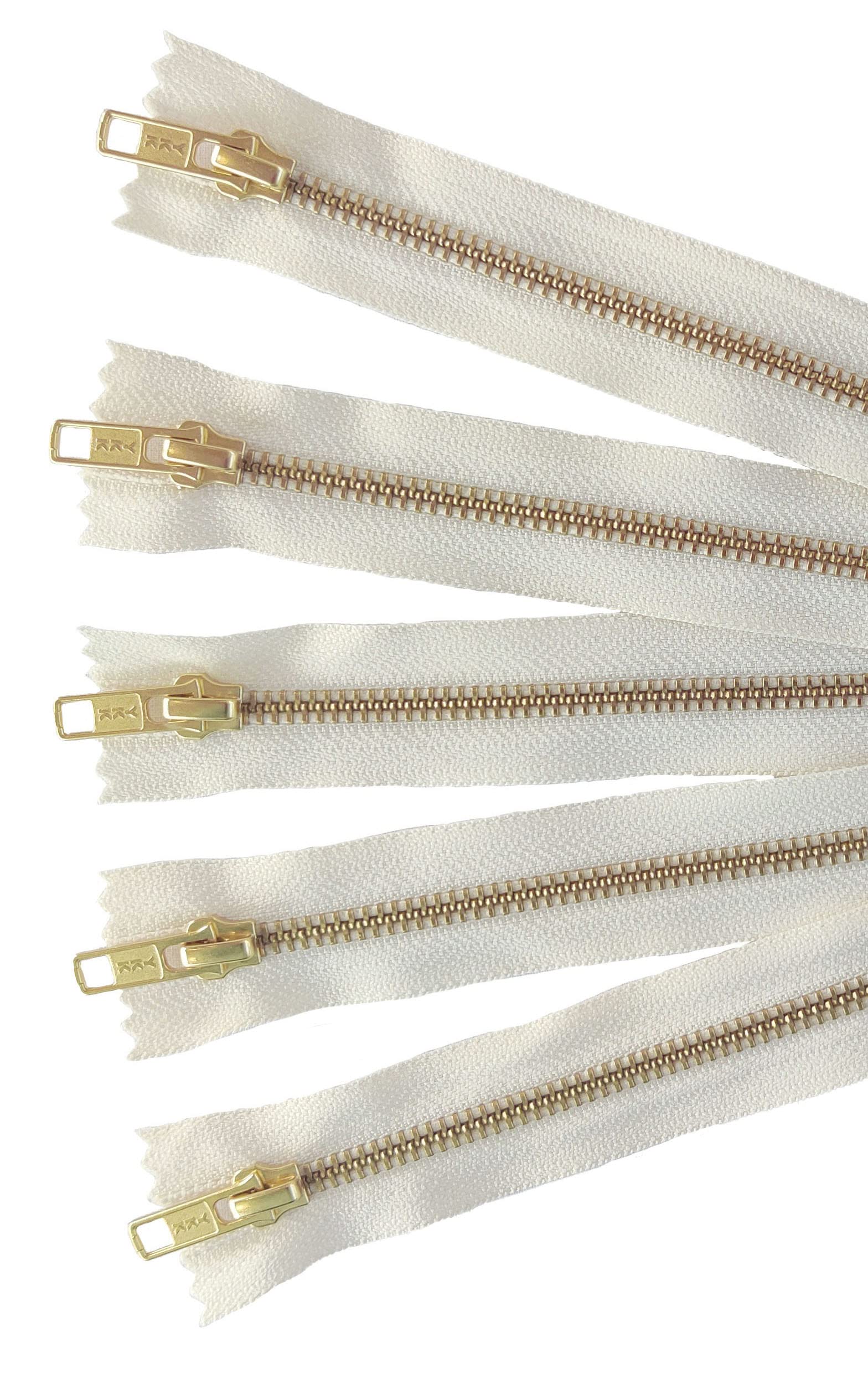 YKK Golden Brass Metal Zippers in Vanilla/Cream/Offwhite - #5 Closed-end Zippers - 12 Inch - Set of 5 Pieces by Craftbot