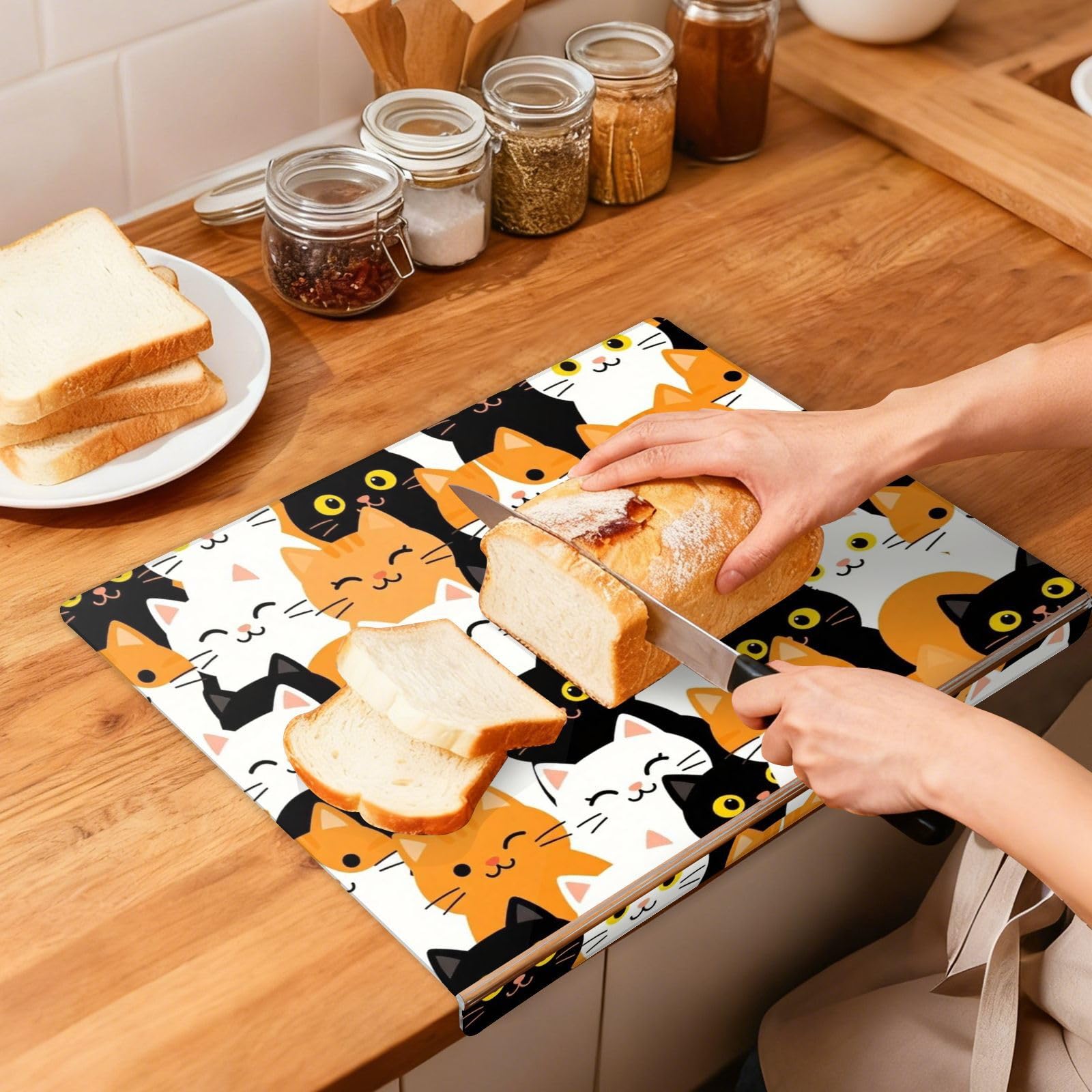 Tabla de cortar acrílica de tamaño grande 34 x 42 cm | Patrón impreso completo con borde elevado para mayor estabilidad para pasteles y pastelería, lindo amante de los gatos