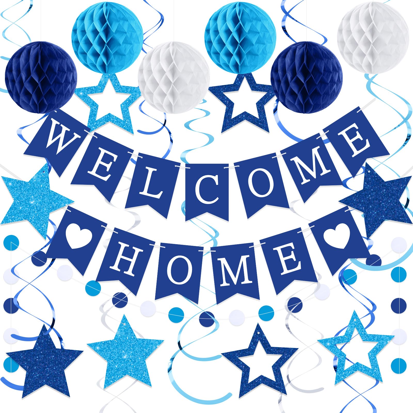 Arrowbash Welcome Home Decorations Welcome Home Banner with Glitter Stars Hanging Swirl Streamers, Honeycomb Balls, Circle Dots Garland, for Homecoming Party Decor Supplies(Blue)