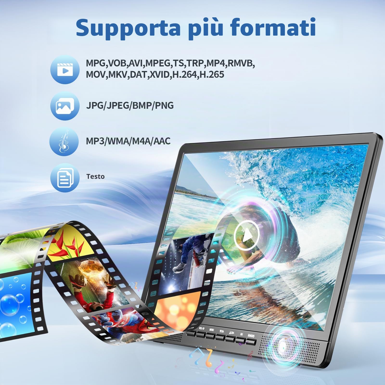 Desobry 18 pollici TV portatile con antenna, Mini TV LCD con sintonizzatore DVB/T2, 12V televisione ricaricabile 6000mAh con supporto rotondo per campeggio all'aperto, camera da letto, cucina
