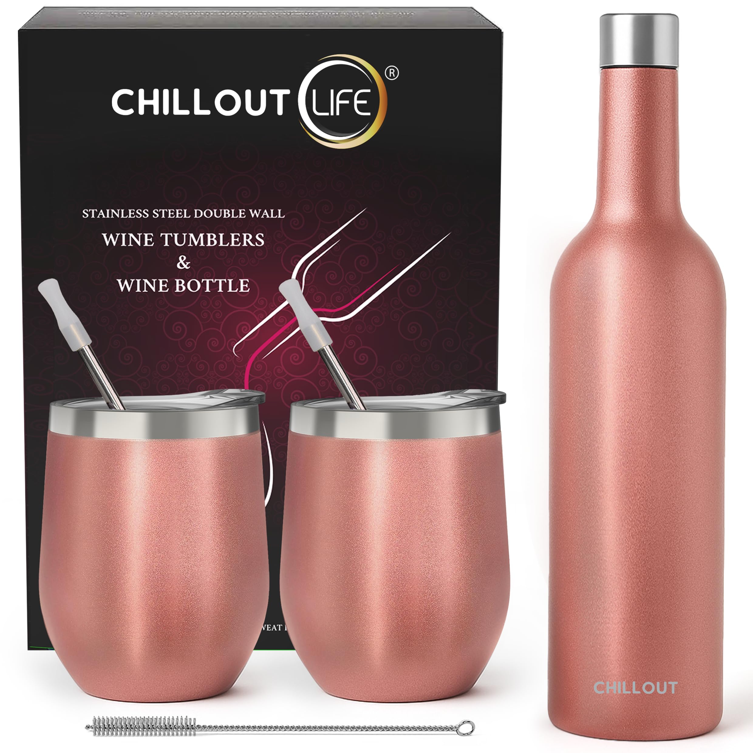 CHILLOUT LIFE 12 oz Stainless Steel Wine Tumblers 2 Pack & 1 Insulated Wine Bottle - Double Wall Vacuum Insulated Wine Cups with Lids and Straws Set - Rose Gold