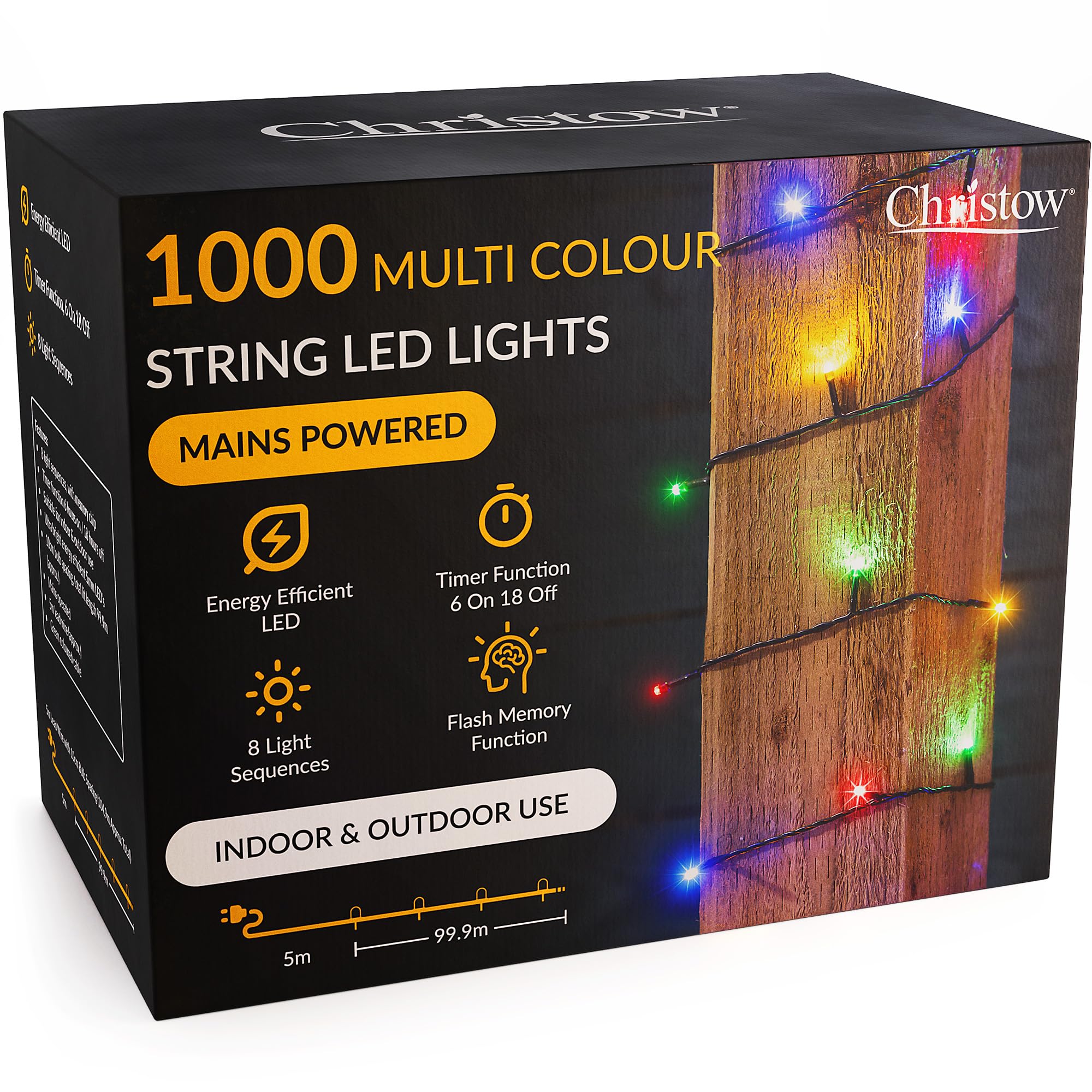 Christow Multi Coloured Christmas Fairy Lights, Multi-Coloured Led String Lighting With Timer, Indoor & Outdoor, Mains Operated 5M Cable, 8 Light Modes Flashing & Static, Green Cable (1000 Led / 100M Lit Length)