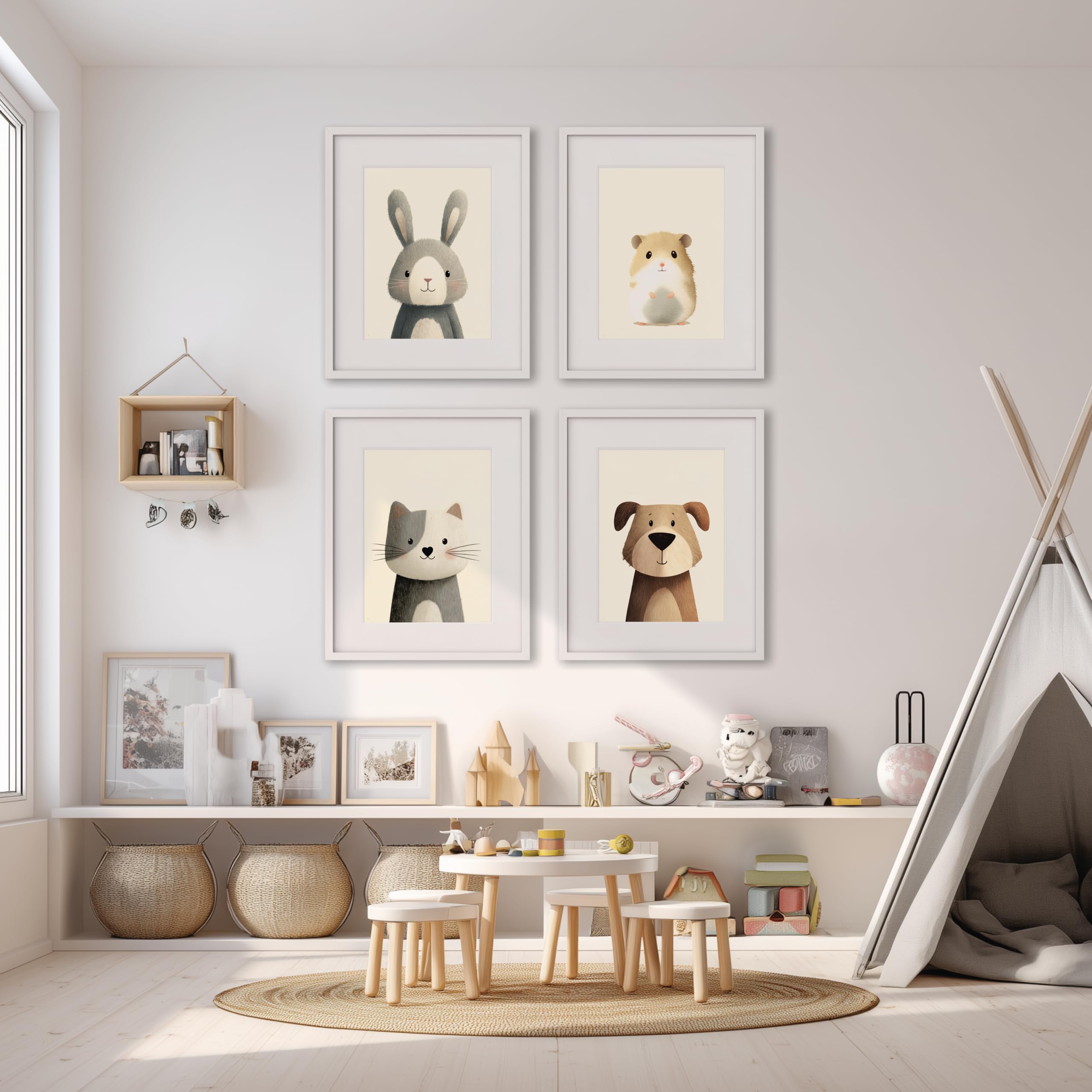 PACKLIST® Décoration Chambre Bébé – Posters Animaux (Chat, Chien, Hamster, Lapin) DIN A4 (21x30cm), 250 g/m², sans cadre. Impressions d'art parfaites pour garçons et filles