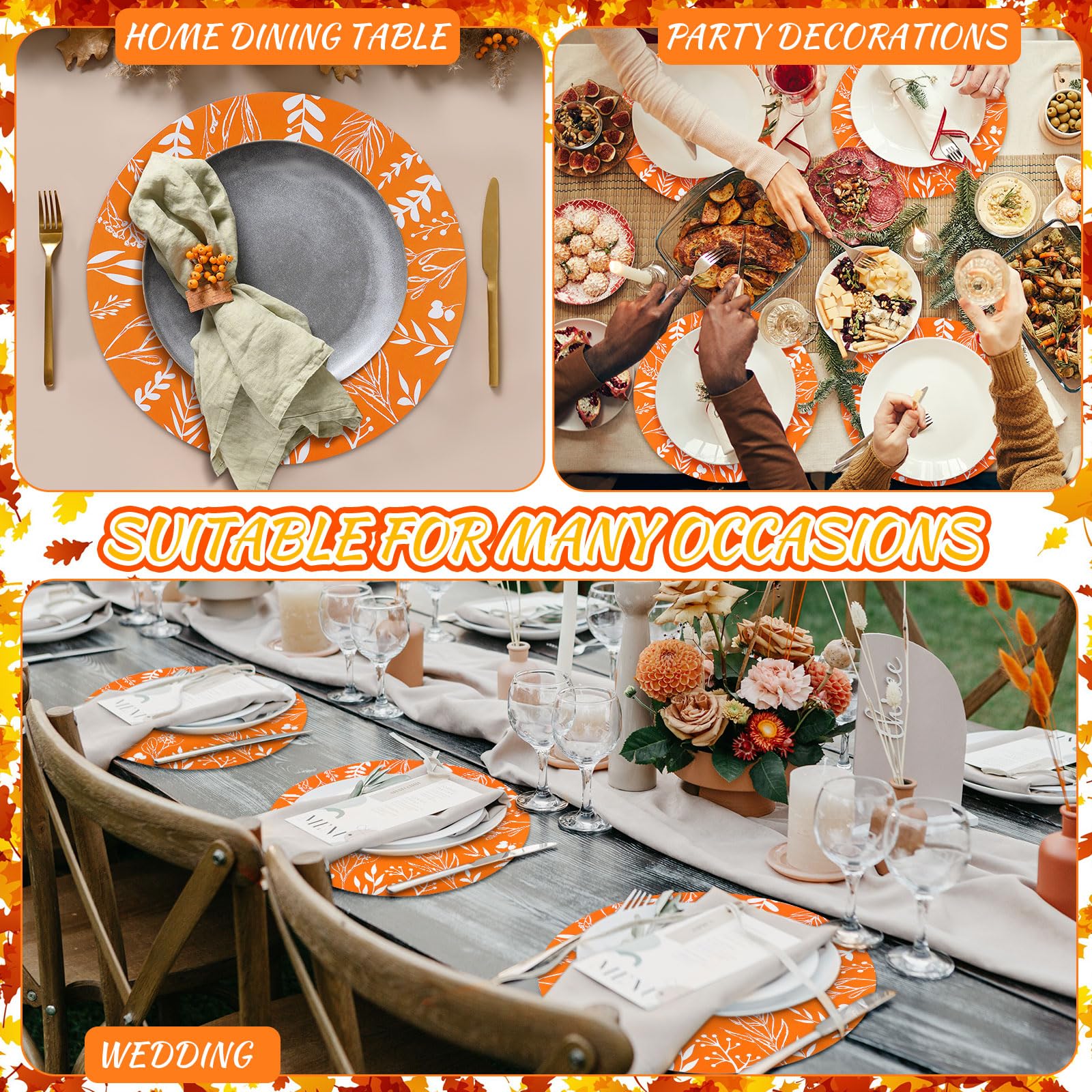 Tinlade 100 manteles individuales redondos de hojas de eucalipto naranja de 14 pulgadas, manteles individuales redondos desechables de papel para decoración de comedor