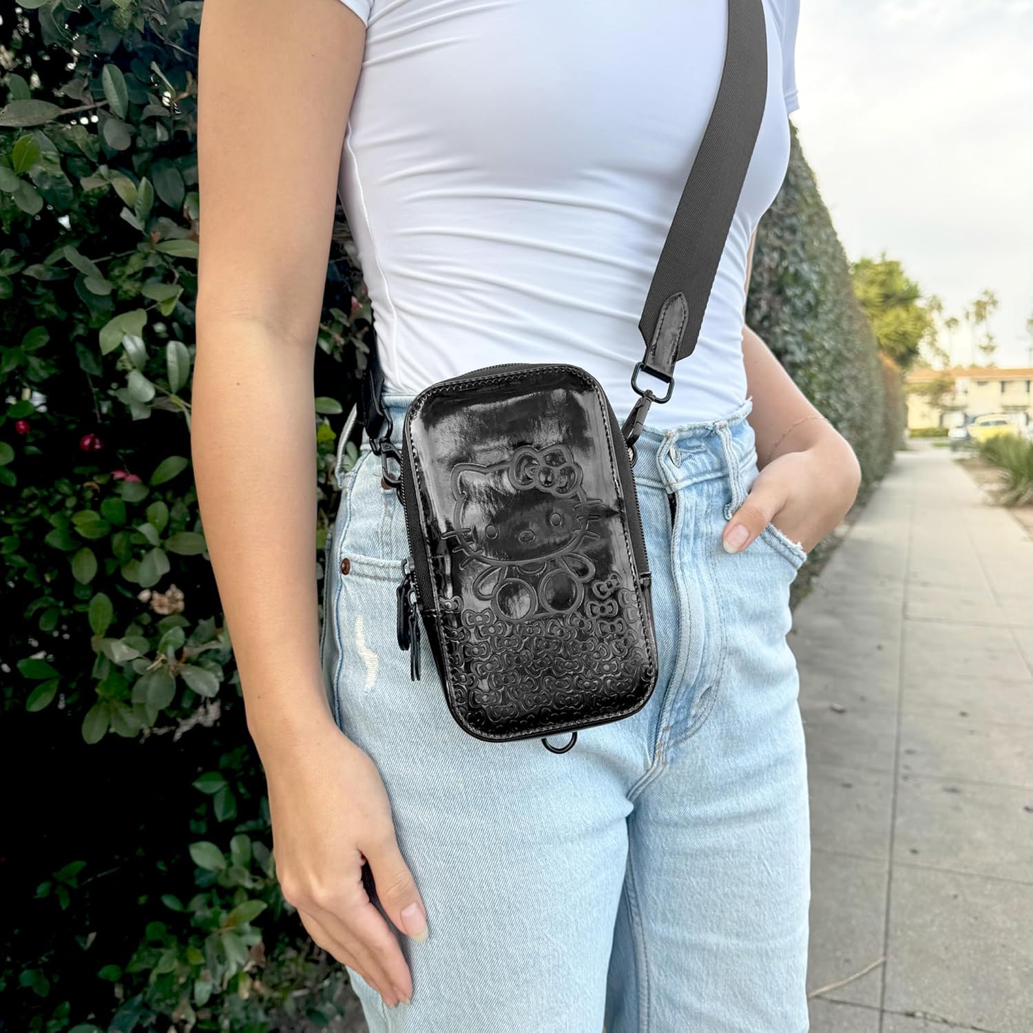 Sonix x Sanrio Universal Phone Pouch | Crossbody Bag for Cell Phone, 3-in-1 Phone Purse Wallet | Hello Kitty Black Bows | Vegan Patent Leather - Shiny Glossy Finish