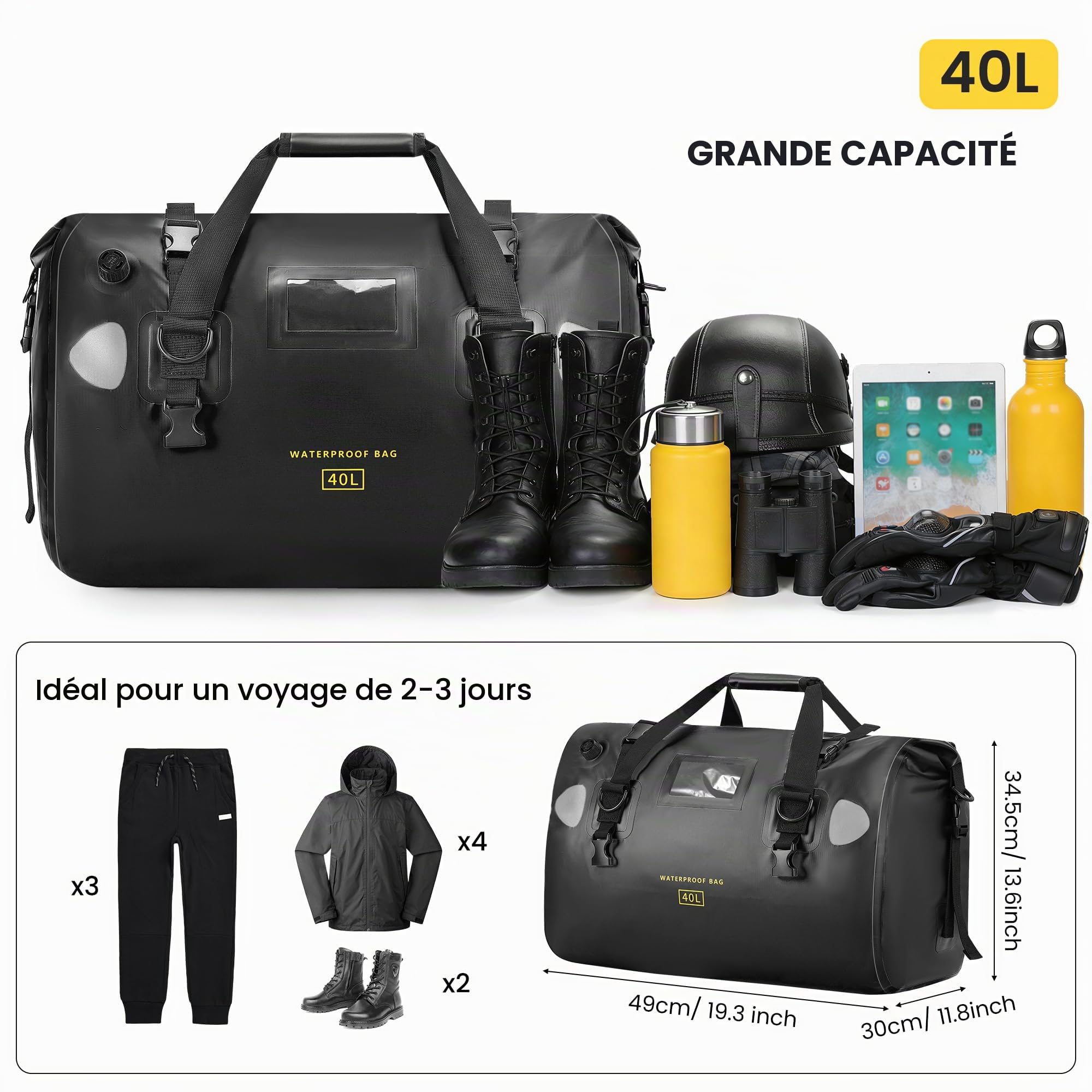 HOMIEE Sacoche arrière de moto - Étanche - 40 l - Grande sacoche arrière avec sangles à fermeture rapide - Pour touring, camping, moto, cyclisme, sports nautiques (noir)