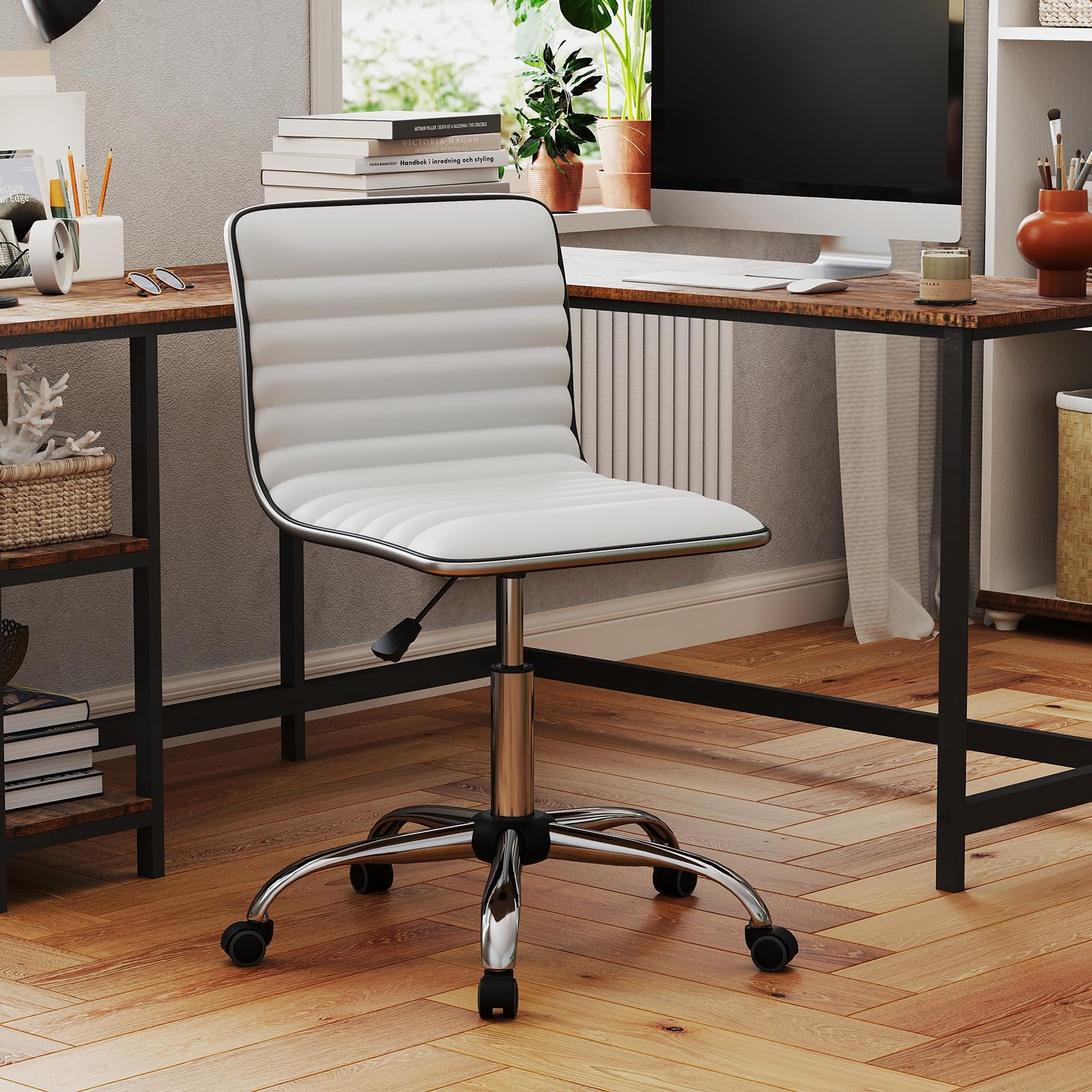 Giantex Silla de Oficina Giratoria 360° con 5 Ruedas, Asiento Tapizado con Altura Ajustable 49-63,5 cm, sin Reposabrazos, Silla de Ordenador para Estudio, Dormitorio y Sala de Reuniones (Blanco)