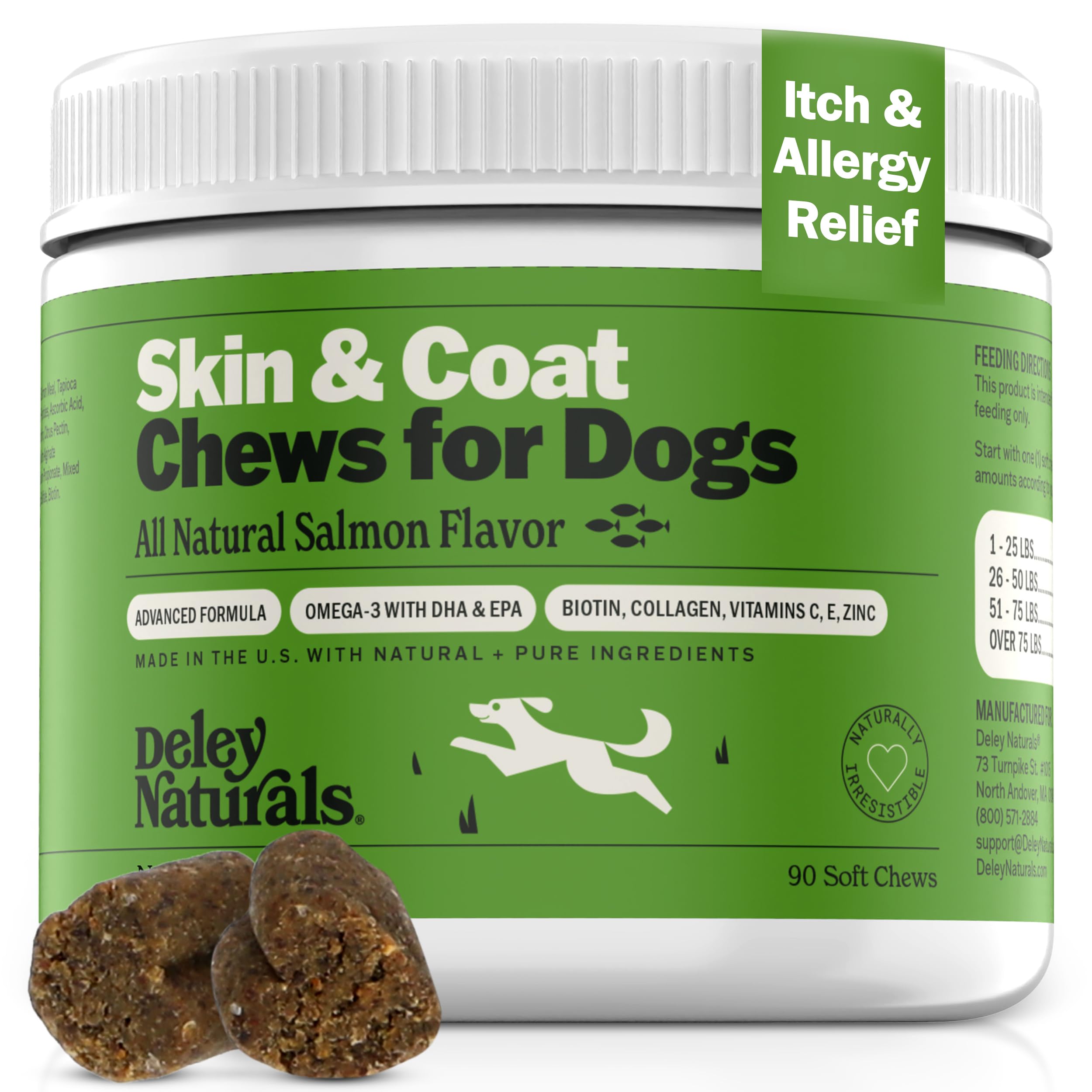 Deley Naturals Skin & Coat Chews - Dog Allergy Chews with Omega 3 Fish Oil, Biotin, Collagen and Essential Vitamins - Supports Dog Itching Skin Relief, Reduces Dryness and Healthy Coat - Made in USA