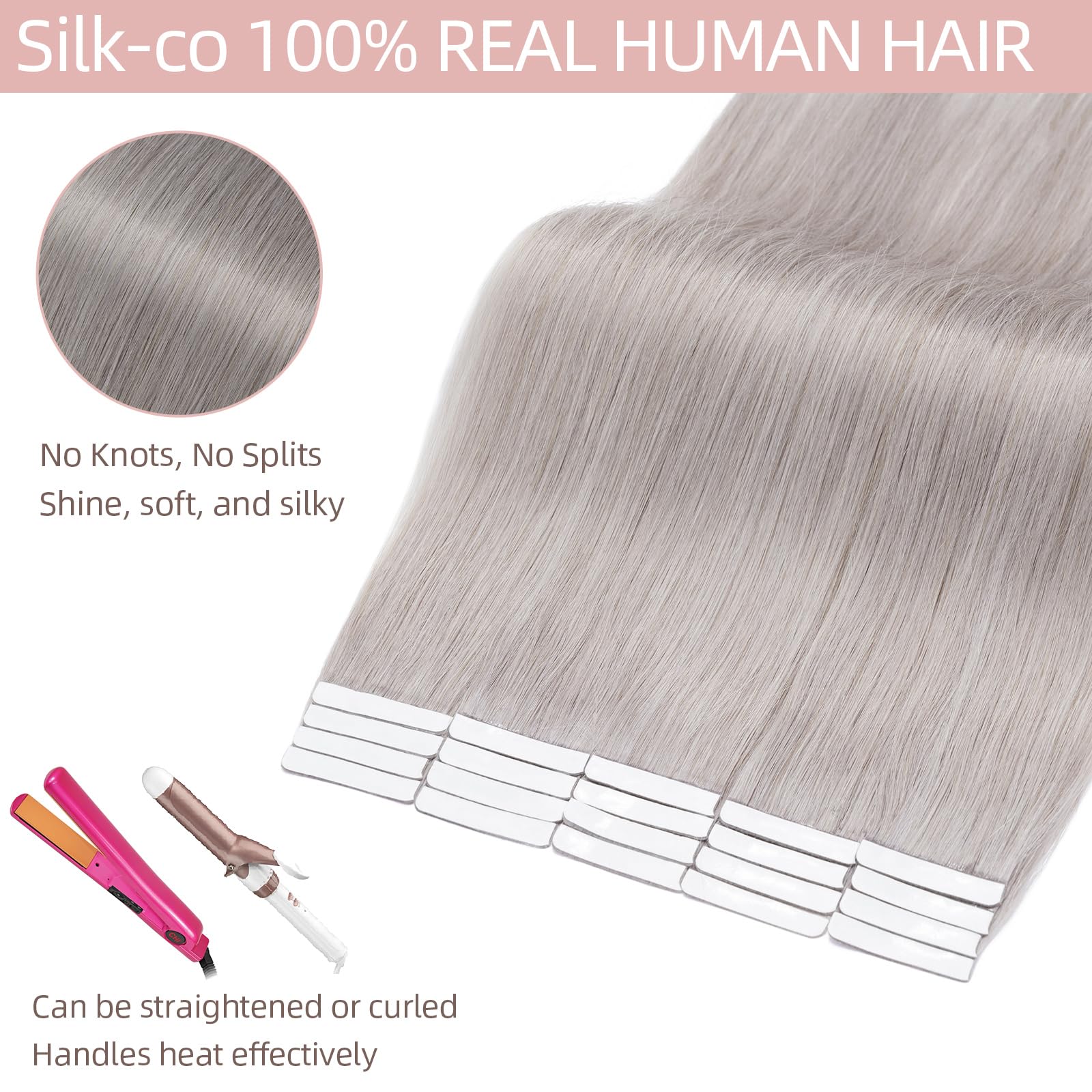 Silk-co Grey Tape in Hair Extensions Human Hair 40pcs Remy Real Hair With GlueSilky Soft Seamless Straight -Skin Weft- 40 Pcs - Image 3