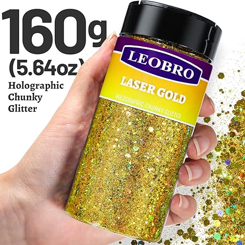Miniatura 2 de LEOBRO Brillantina dorada, 5.64 onzas  5.64 onzas holográfica gruesa para manualidades, resina, cuerpo de uñas, vasos, decoraciones de fiesta