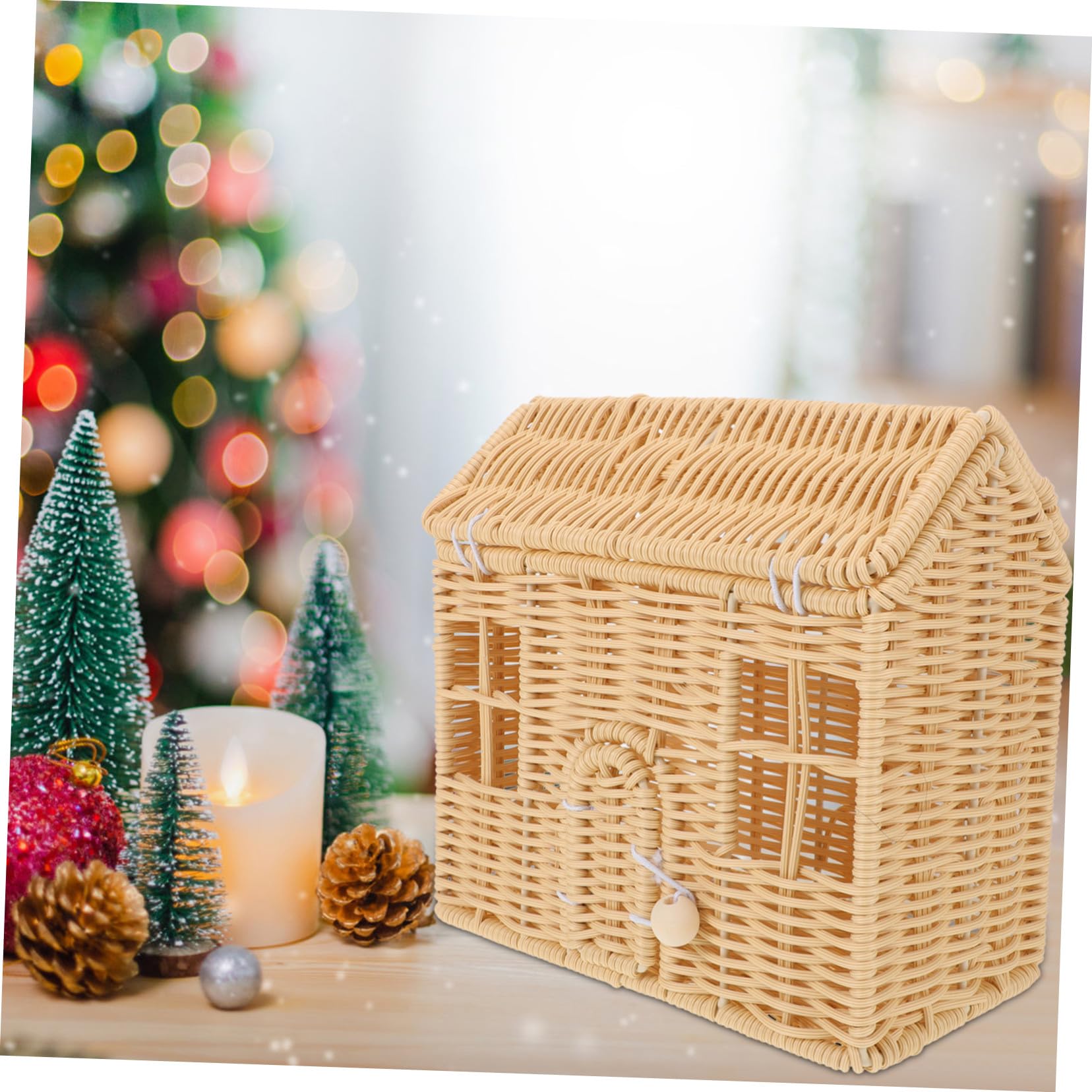Cabilock Cesta Navideña Tejida Mano con Asa Cesta Pequeña Forma de Casa para Dulces y Regalos Diseño Práctico y Elegante para Fiestas y Shower