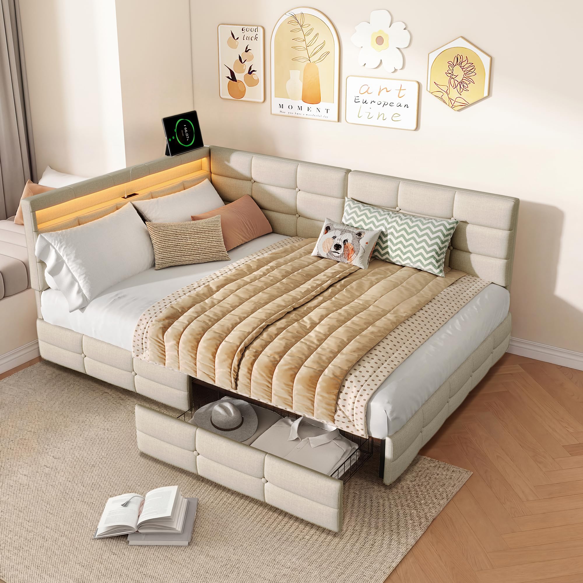 Letto Contenitore 140x190 con 2 Cassetti, Letto Imbottito Matrimoniale con Illuminazione a LED e USB, Divano Letto con Rete a Doghe per Soggiorno, Camera da Letto