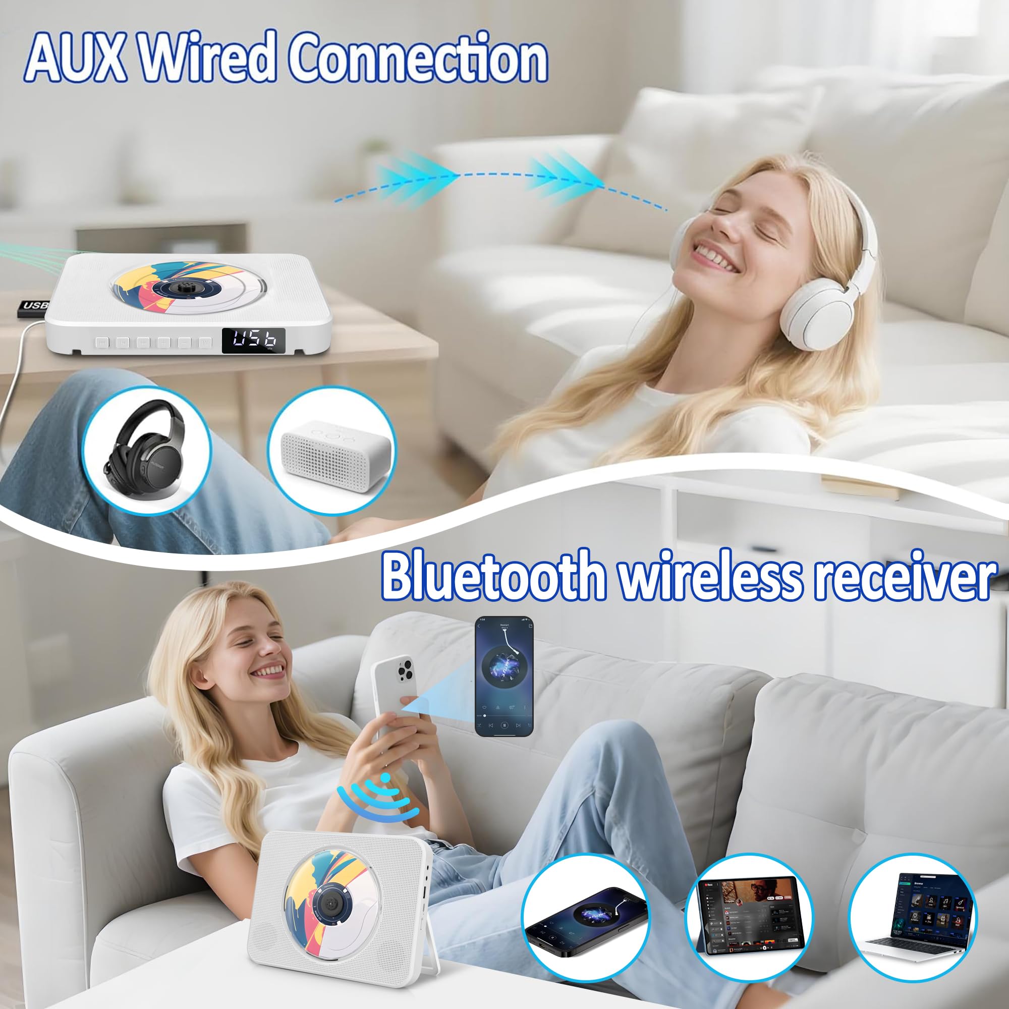 Lettore CD Portatile Bluetooth, lettore CD HIFI Stereo con supporto da tavolo, lettore musicali con telecomando con doppi altoparlanti HIFI integrati, porta USB, presa per cuffie AUX da 3,5 mm