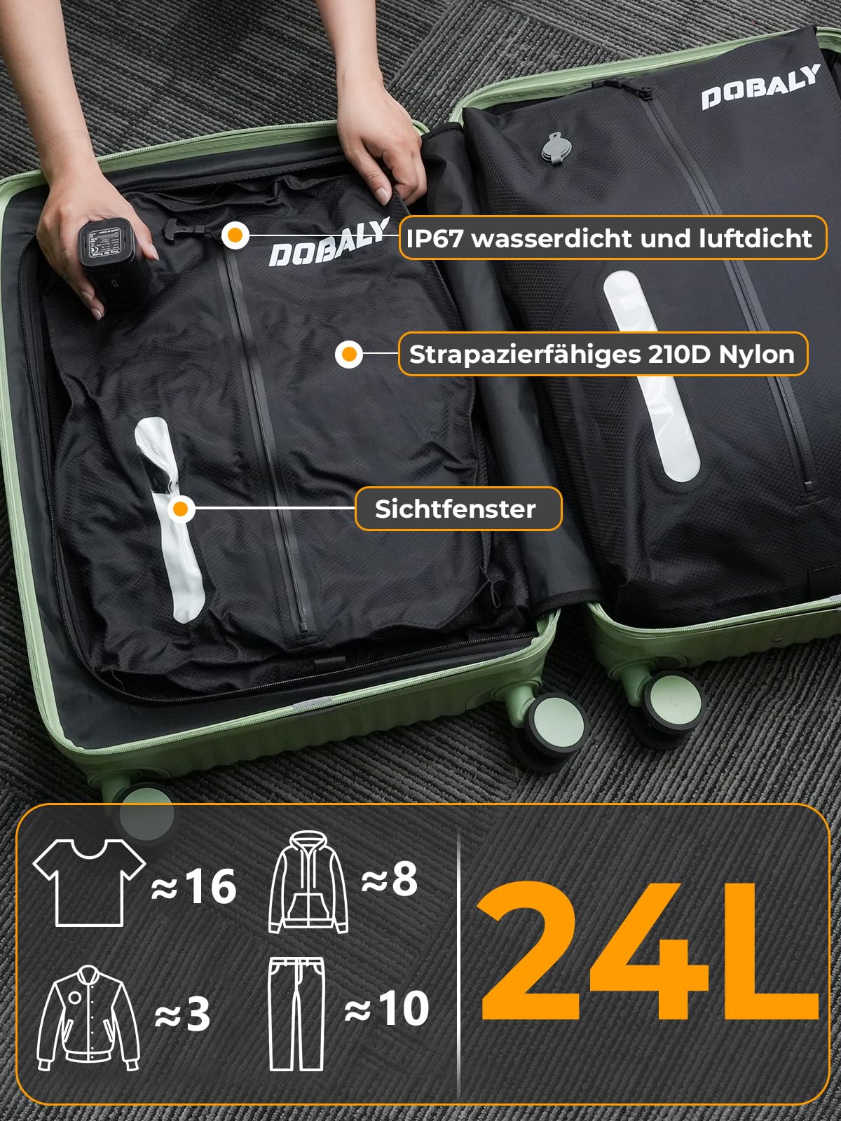Dobaly Professionelle Vakuumsäcke für Reisen, IP67 Wiederverwendbare,Kompressionsbeutel für Koffer und Rucksack, Platzsparend & Langlebig, 24L (2Stk+Drahtlose Pumpe)