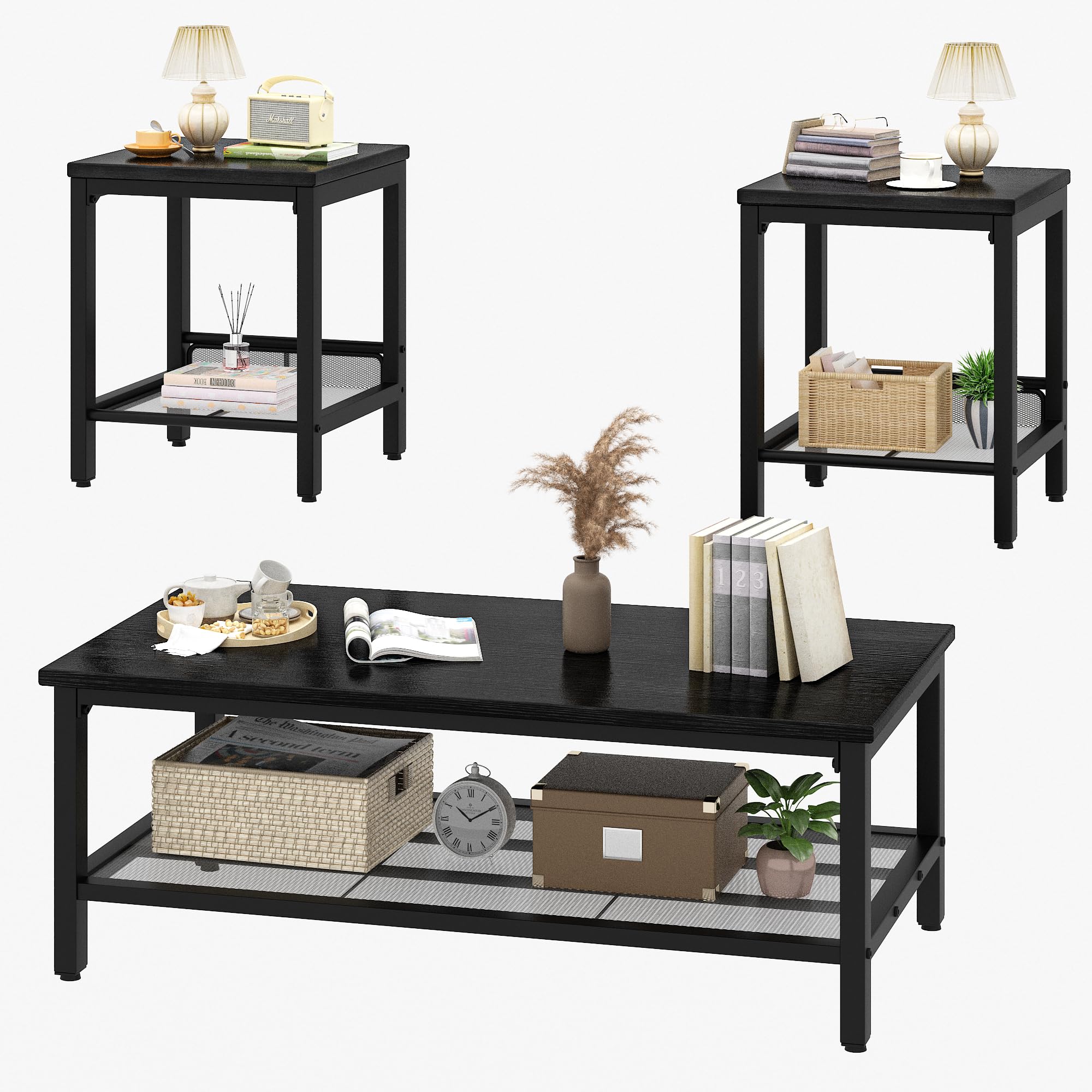 Recaceik 3-Piece Living Room Coffee Table Set Industrial Coffee Table with 2 Square End Side Tables Modern Living