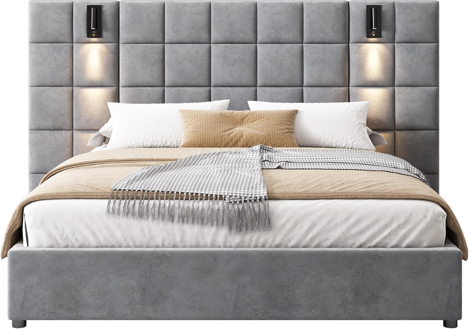 Queen Size Bed Frame with Wide Headboard, Velvet Upholstered Platform Bed with Reading Lamp and USB Port, Wooden Slats Support, No Box Spring Needed (Grey+Velvet, Queen)