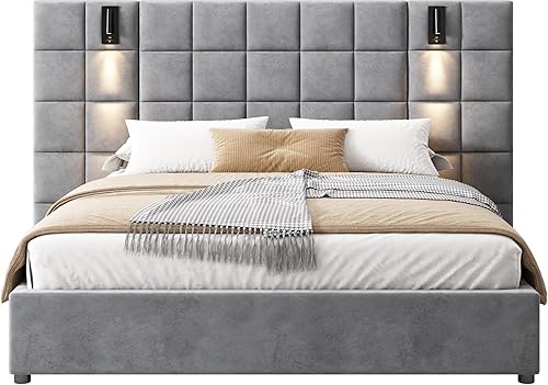 Miniatura 3 de Base de cama tamaño King con cabecero de 46 pulgadas de alto, plataforma tapizada de terciopelo, cabecera de tela suave copetuda, lámparas de