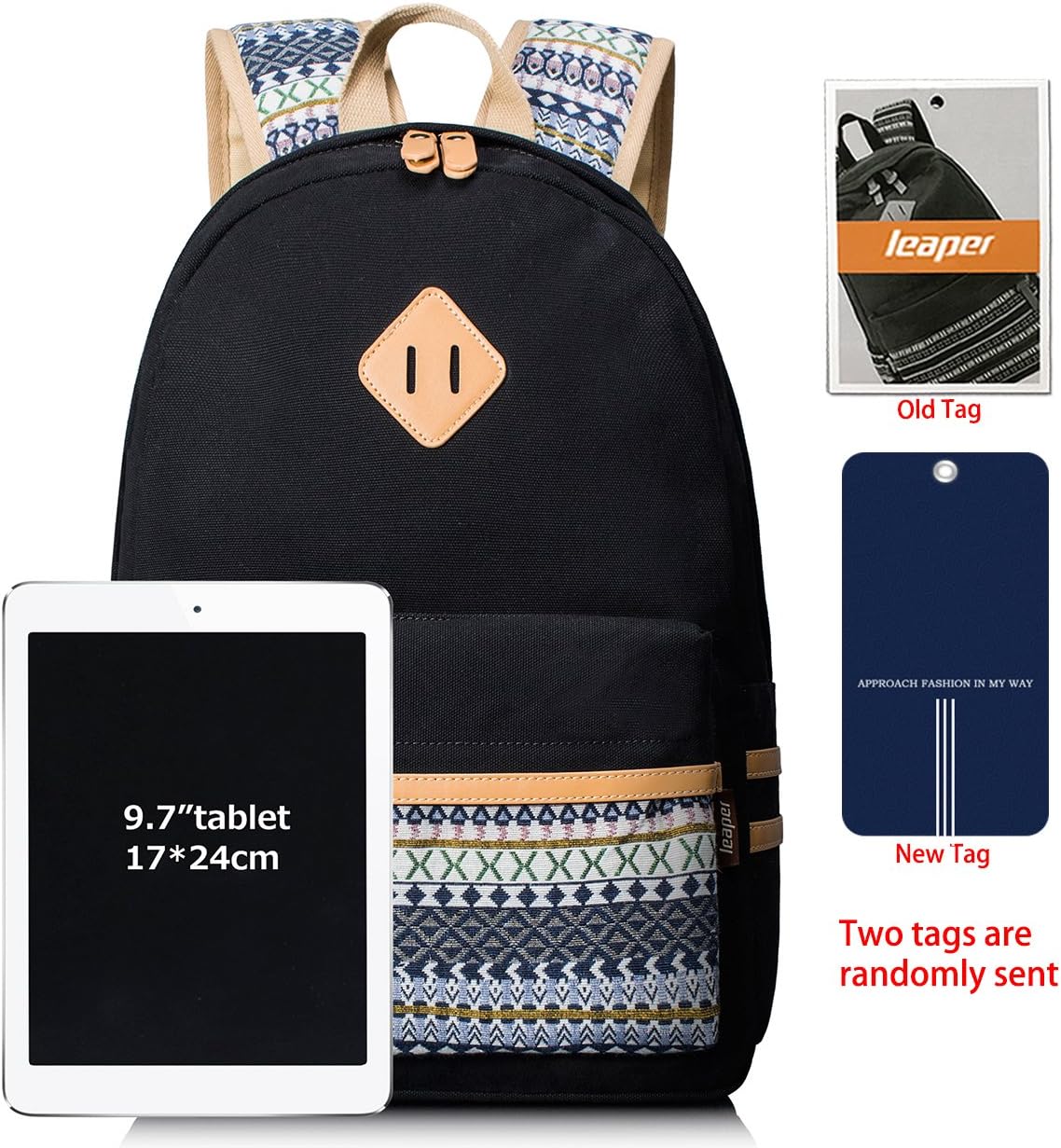 Leaper Casual Canvas Backpack Shoulder Bag Pencil Bag Purse 3PCS Black