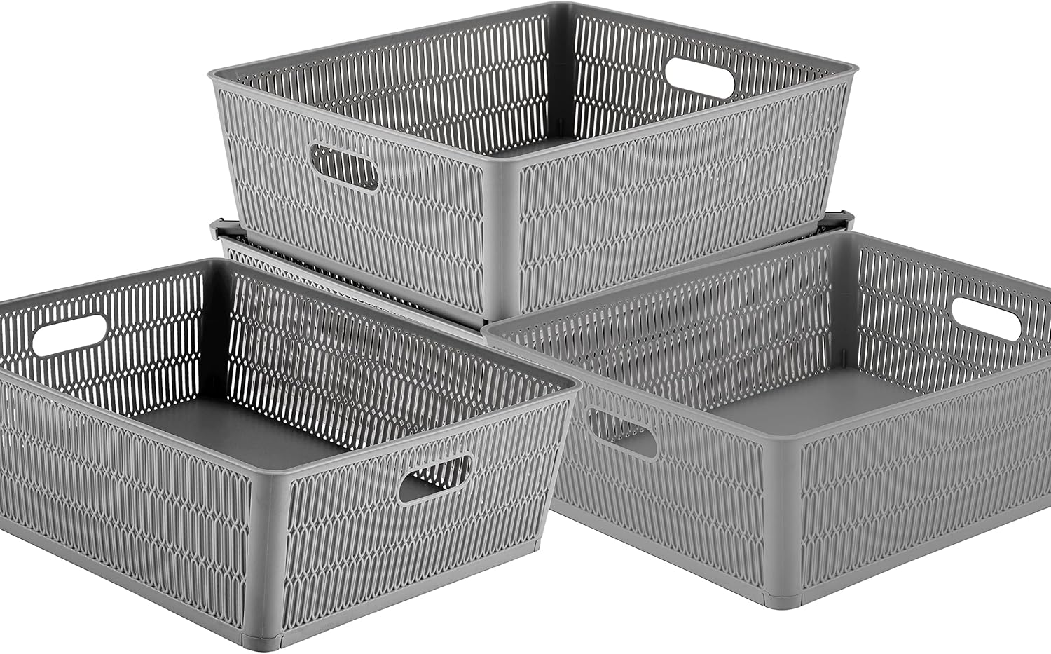 Simplify 4Pk Shallow Slide 2 Stack It Tote Basket | Storage & Organization | Open Bins with Stackable Capability | Bathroom | Crafts | Pantry | Playroom | Office | Grey (KIT-25933-GREY-4PK)