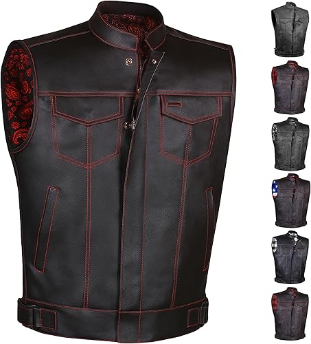 Miniatura 24 de SOA - Chaleco de motocicleta para hombre, piel de búfalo de alta calidad, armadura trasera, bolsillos interiores, chalecos de club de motociclista,