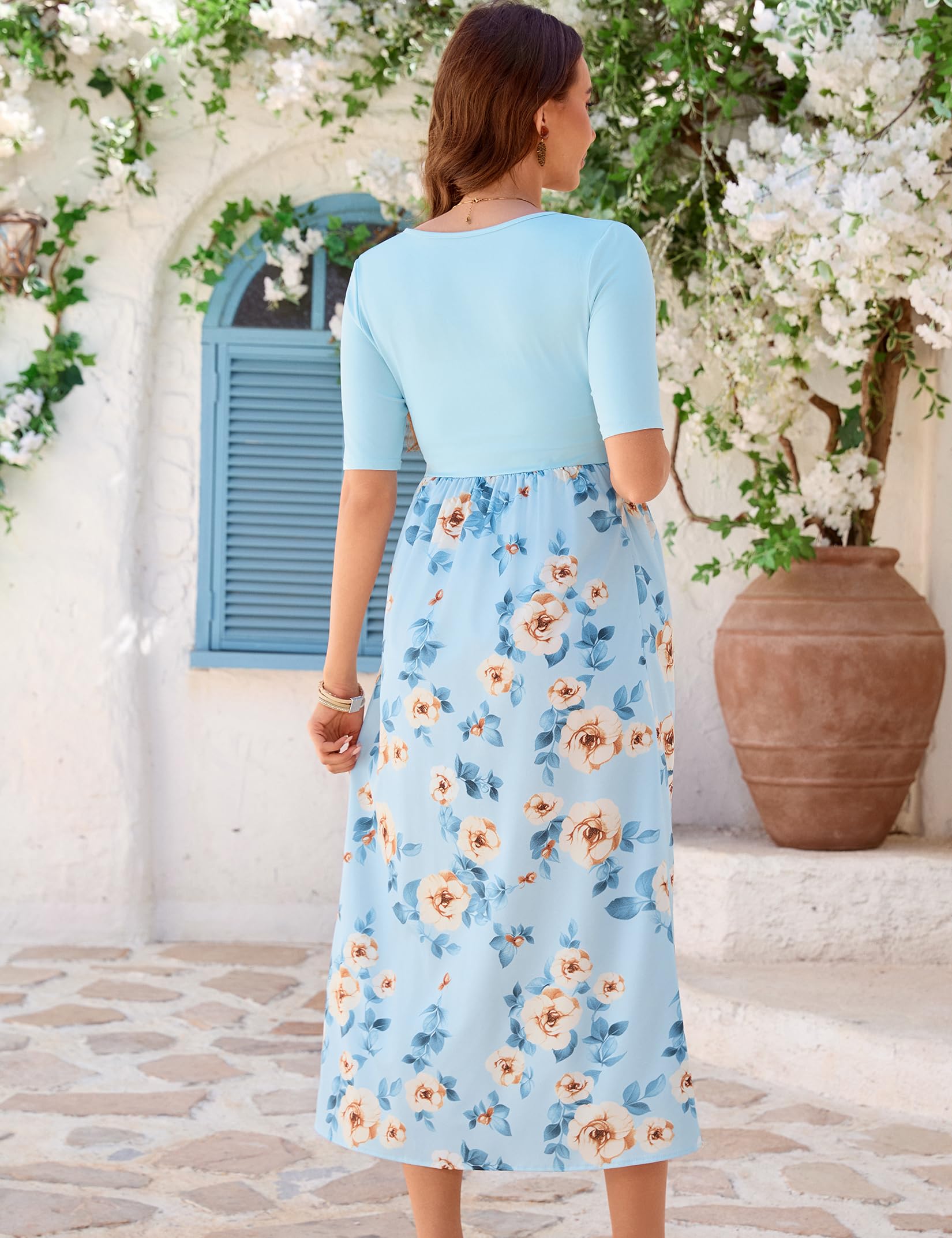 YesFashion Robe de maternité longue pour femme enceinte - Col en V - Manches mi-longues