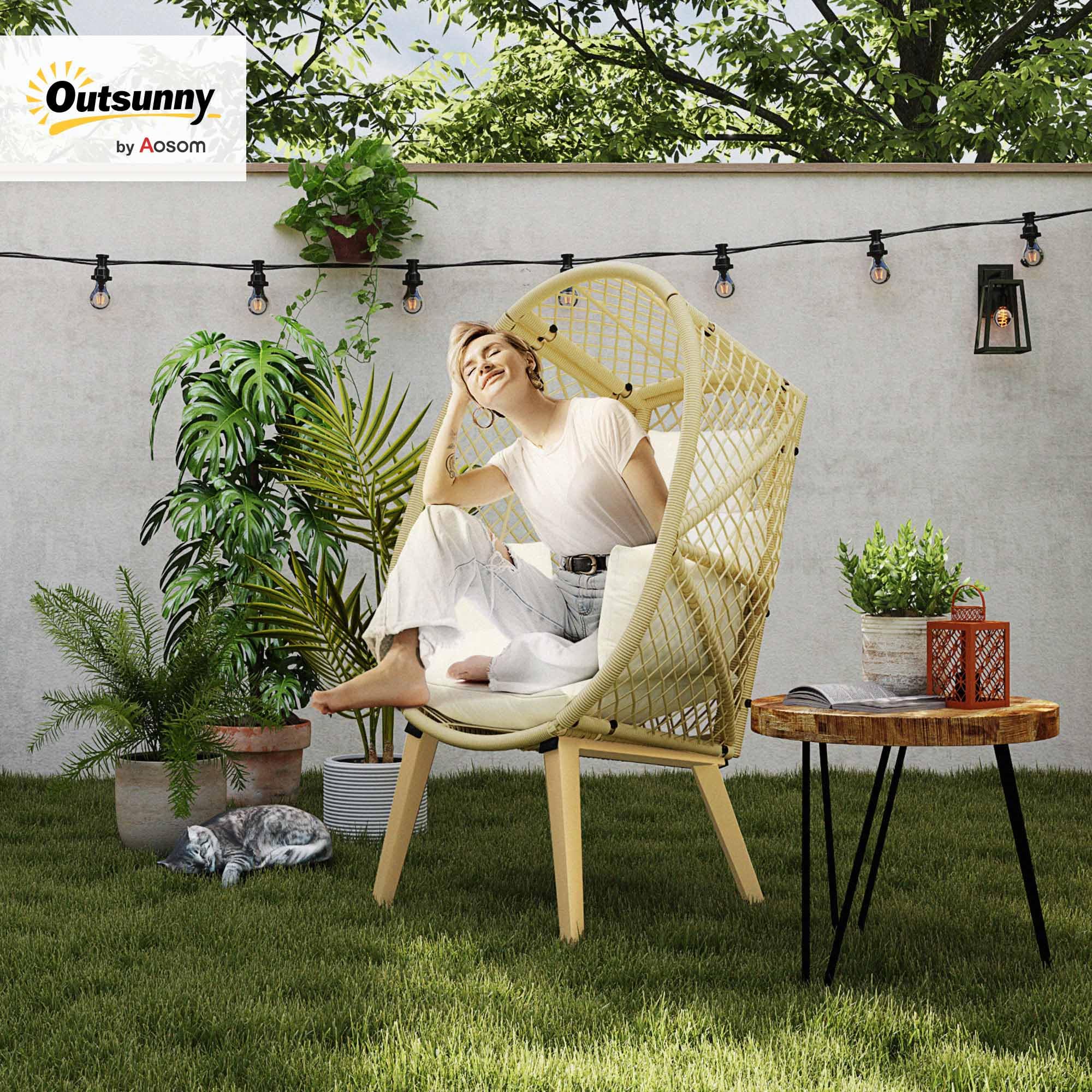 Outsunny Sillón de Ratán Sintético Silla de Terraza en Forma de Huevo con Reposacabezas Acolchado y Cojín Carga 160 kg para Jardín Balcón 88x85x143 cm Natural y Crema