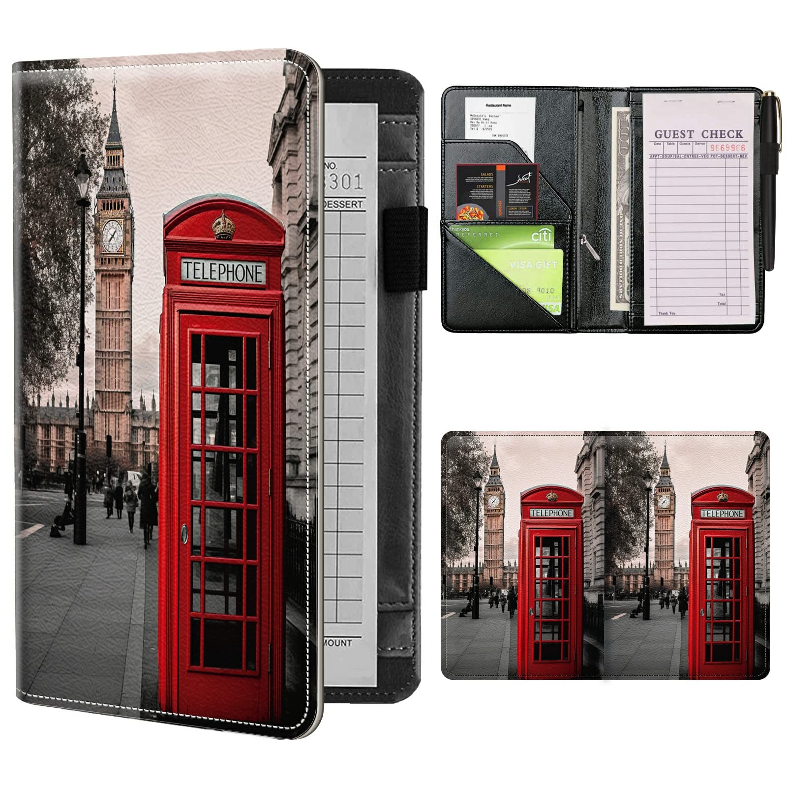 Server Books for Waitress Waiter with Zipper Pocket, Red Telephone Box in London Leather Server Pads Waitstaff Organizer Guest Check Presenters Server Wallet Money Holder Pouch Fit Apron