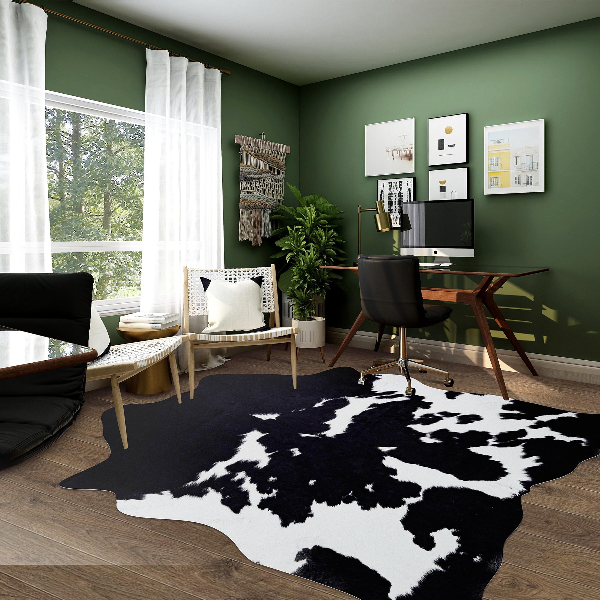 Cowhide Rug 5.2x4.6 ft Cow Hide Rug Black Cow Western Rugs for Bedroom Living Room Dining Room Decor Animal Print Carpets-No Fur