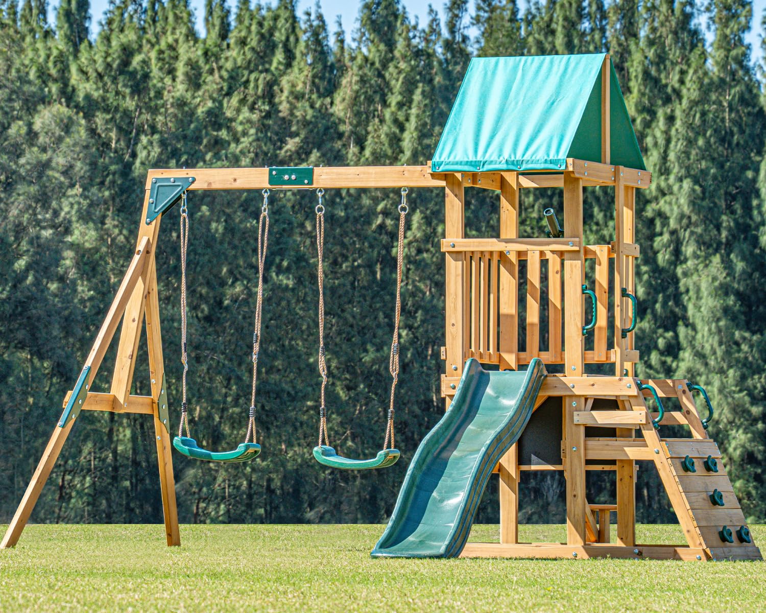 DOLPHIN PLAYGROUND T Schaukel Set mit 2 Schaukelsitzen | Klettergerüst, Tafel, Picknicktisch und Teleskop, Outdoor-Spielgerät, Zedernholz, Für Kinder ab 3 Jahren