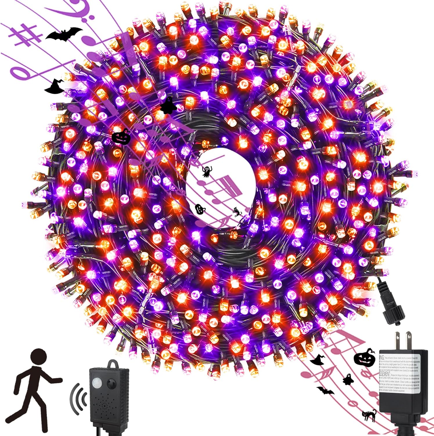 Chuya Halloween Light Decor Music Orange Purple Lights105FT 300 LED String Fairy Lights 6 Modes UL588 Waterproof Outdoor Indoor Decoration for Party Garden Christmas Orange Purple & Music 105FT