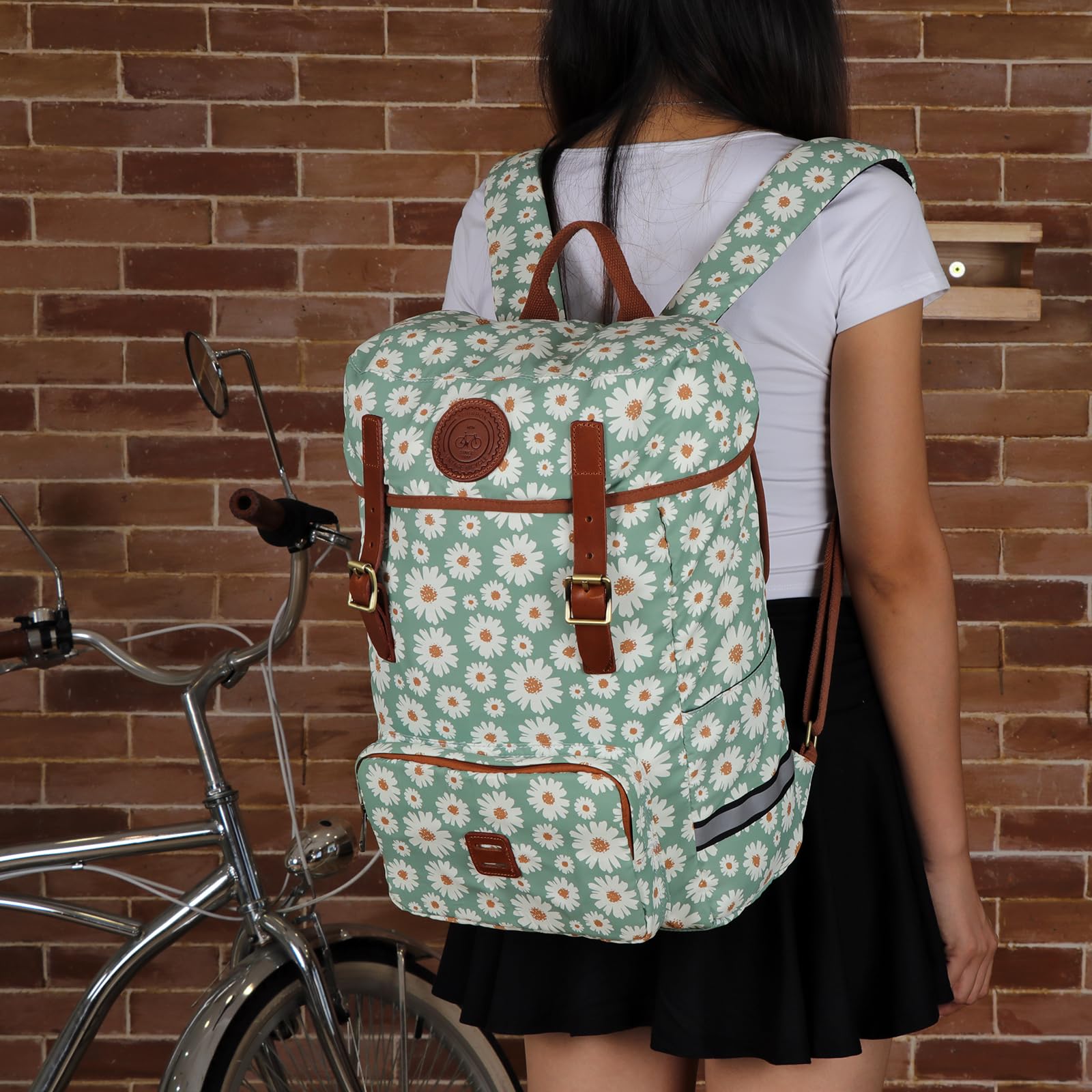 TOURBON Fahrradtasche Gepäckträgertasche Wasserdicht Segeltuch Radfahren Laptop Rucksack Sitz Schultertasche für Outdoor Reisen Schule (Blumenmuster)