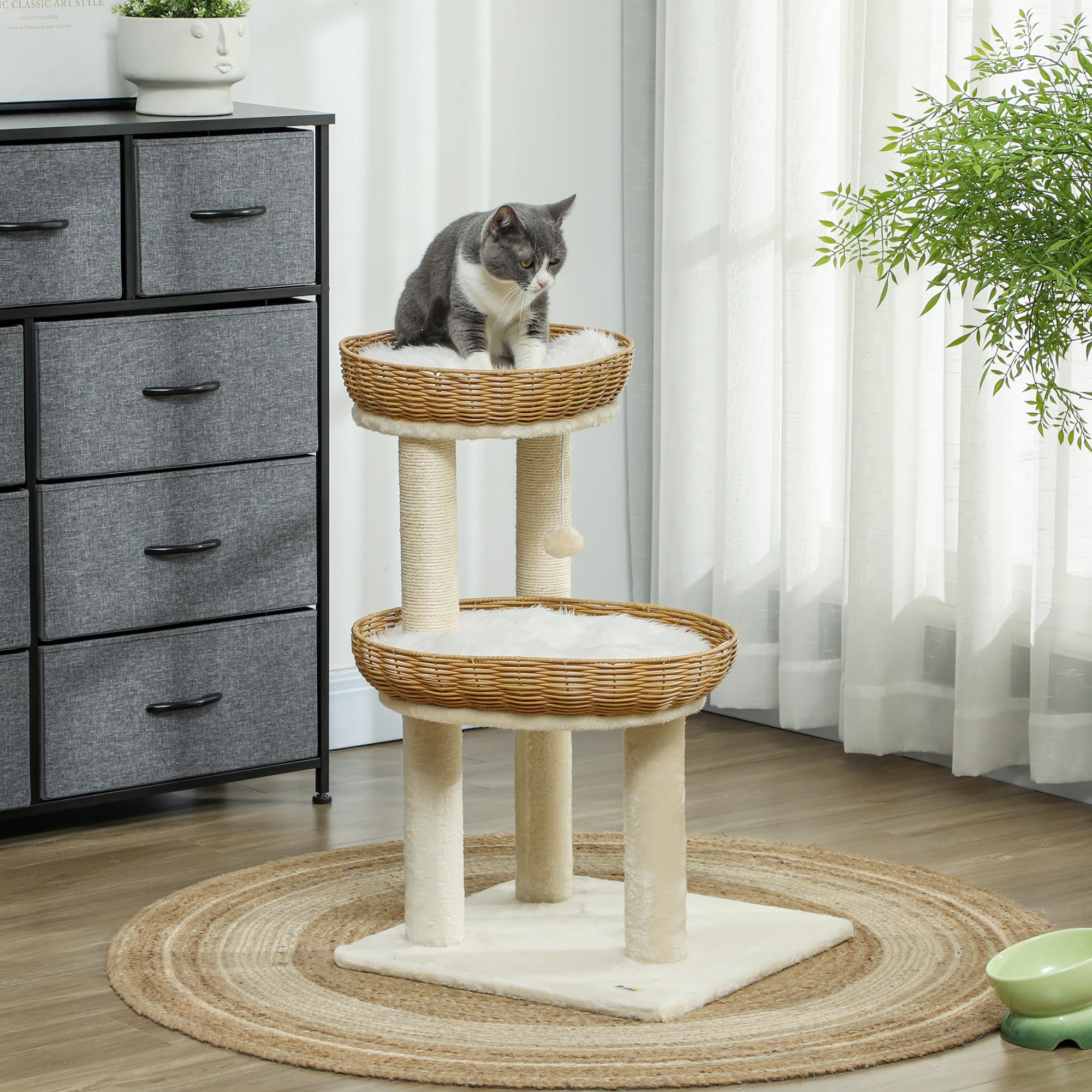 PawHut Kratzbaum, Kletterbaum, Höhe 75,5 cm, mit Zwei Katzenbetten aus Rattan, Kratzstangen, waschbaren Kissen, Spielzeugball, Beige