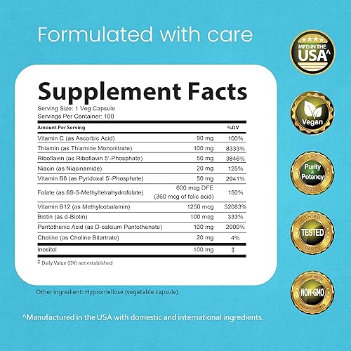 Miniatura 2 de NaturaLife Labs Complejo de vitamina B con vitamina C y ácido fólico – Incluye B1, B2, B3, B5, B6, B7, B9 y B12 – 100 cápsulas, vegano, sin OMG, sin