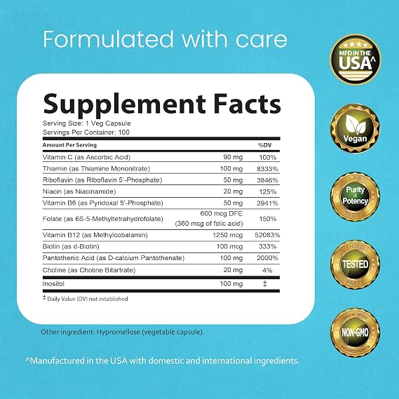 NaturaLife Labs Vitamin B Complex All B Vitamins Including Active B2, B6, B9 & B12 (Methylcobalamin), Plus B1, B3, B5, B7 & Vitamin C 100 Capsules (2 Pack)