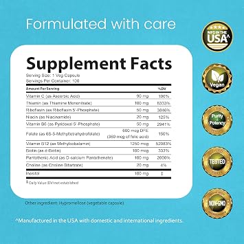 NaturaLife Labs Vitamin B Complex All B Vitamins Including Active B2, B6, B9 & B12 (Methylcobalamin), Plus B1, B3, B5, B7 & Vitamin C 100 Capsules (2 Pack)