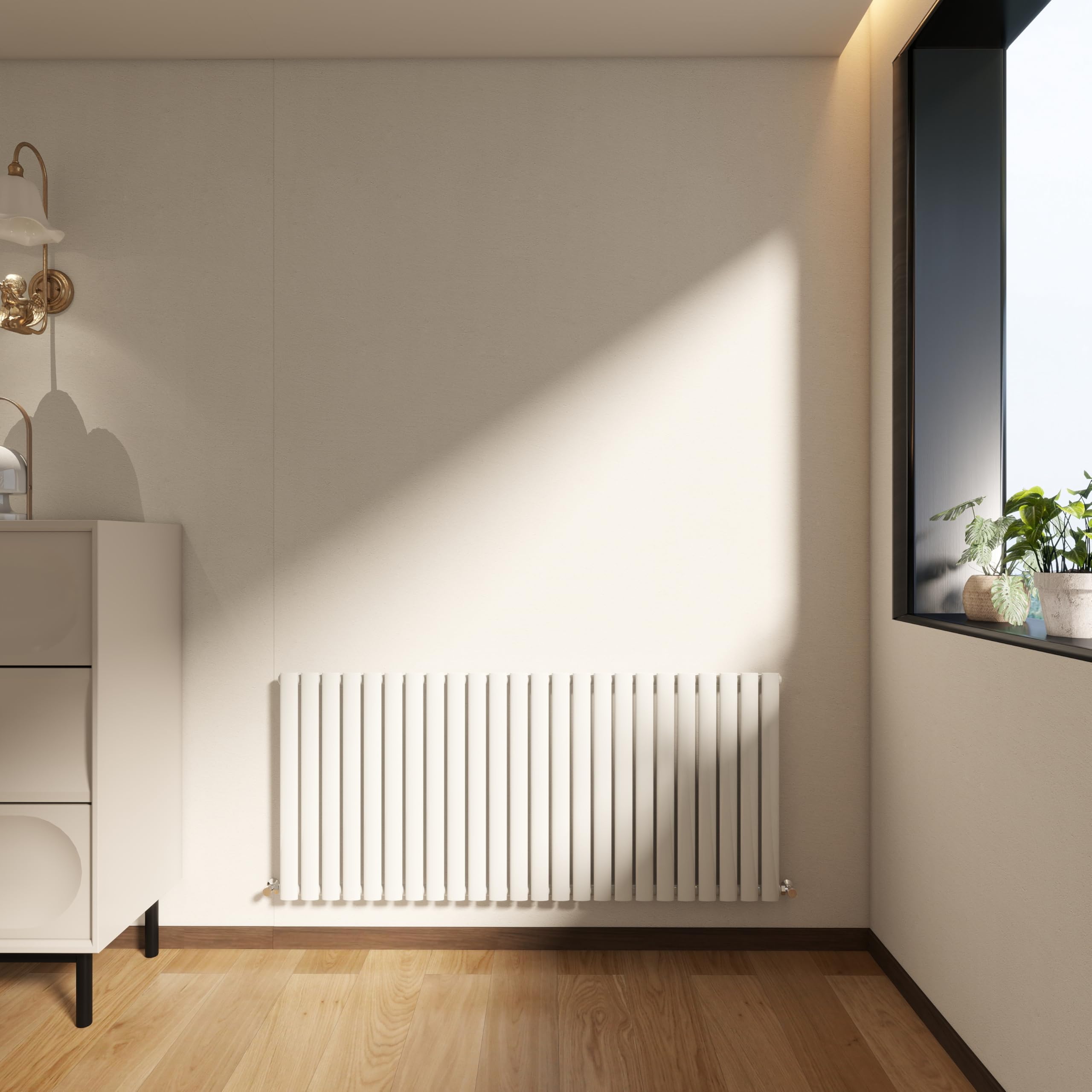 Horizontal Designer Column Radiator, 600x1416mm Gloss White Oval Column, Single Panel Modern Radiator for Bathroom/Living Room, Central Heating Heater Rads, Radiators Wall Mounted