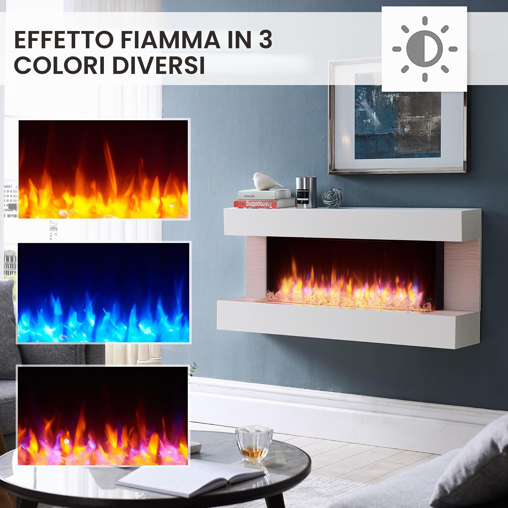 BALDERIA Camino Elettrico Helia | Caminetto da Parete con Effetto Fiamma 3D | Riscaldamento 2000 W | Focolare Sospeso con Telecomando, Timer, Termostato | Bianco