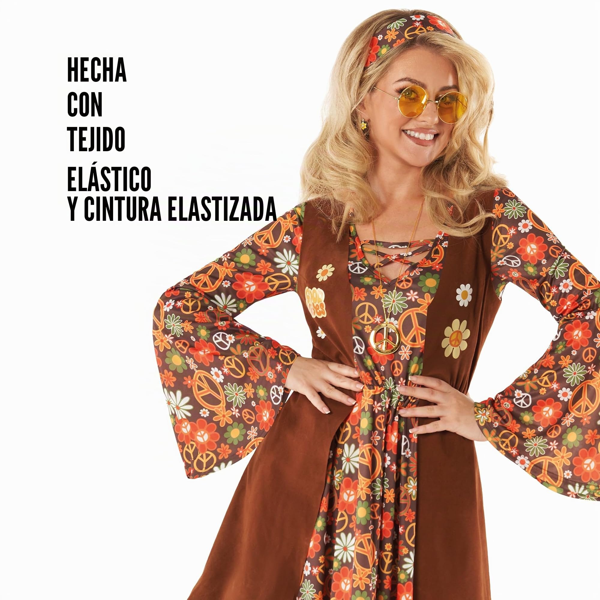 Morph Disfraz Hippie Mujer, Vestido Retro Años 70, Traje Vintage Fiesta, Disfraces para Carnaval y Halloween