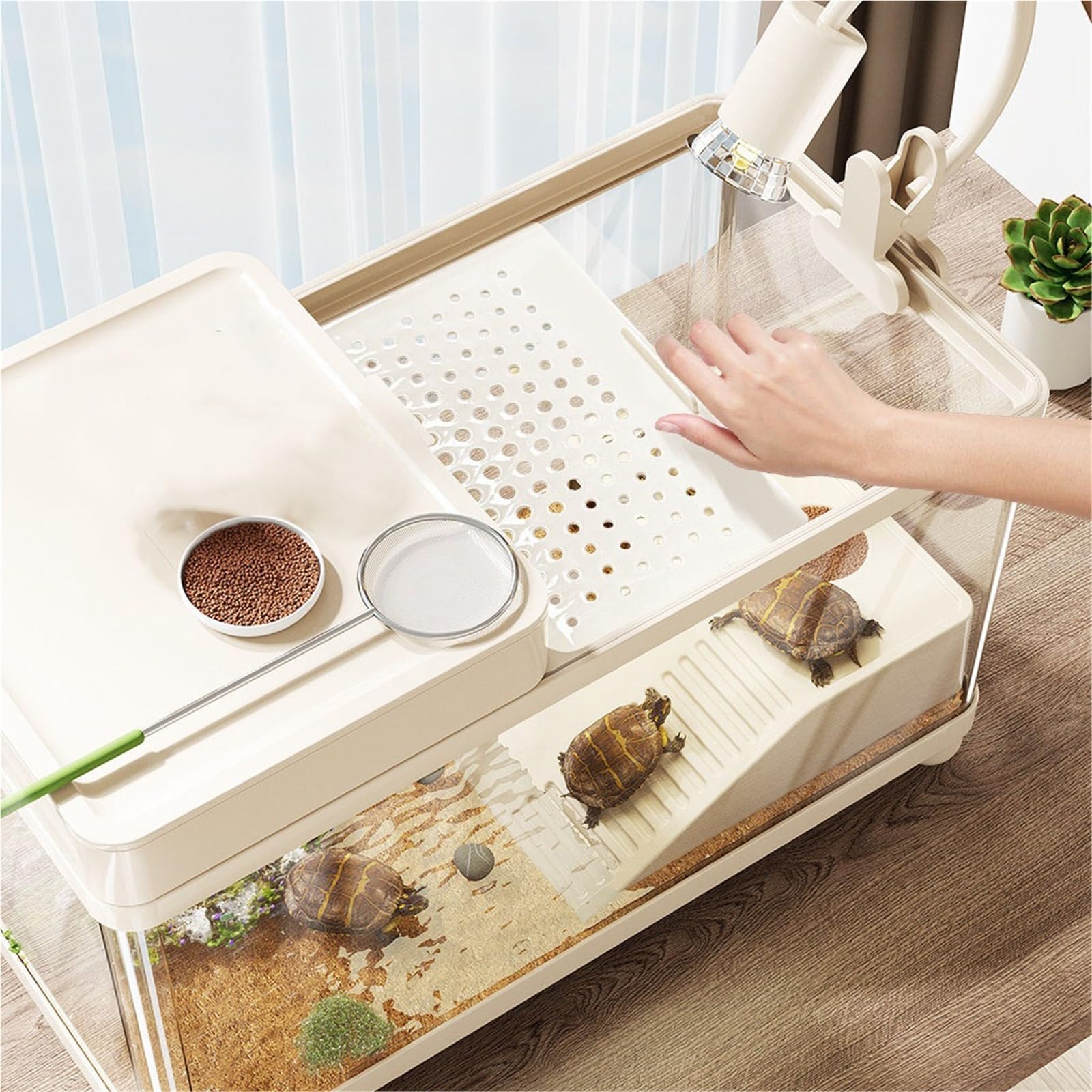 Siedlisko terrarium Drenaż dna zbiornika do karmienia żółwi, zadaszona platforma wspinaczkowa Terrarium akwariowe(Czarny)