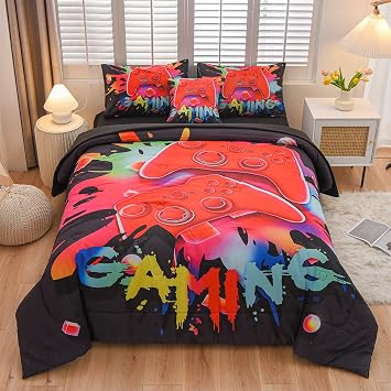 Aimuan Gamer Gaming Bedding Sets 3D Gamepad Comforter Sets for Boys Games Console Action Buttons Novelty Colorful Game Controller Modern Room Decor Home Quilt Set Black, Twin 6PCS