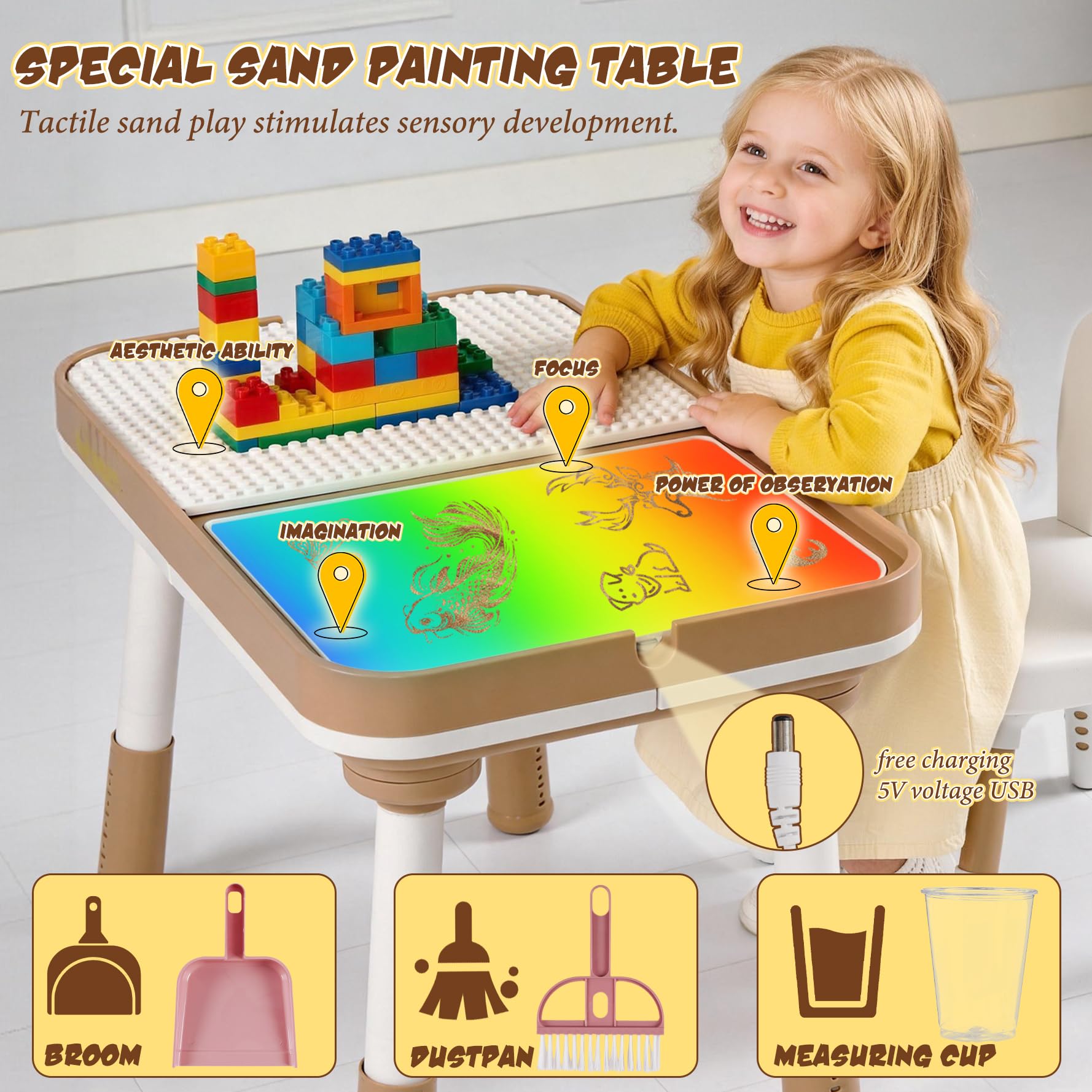 Tavolo per bambini con sedie, 6 in 1, regolabile in altezza, scrivania con mattoncini da costruzione, tavolo da disegno, tavolo da sabbia, tavolo da gioco per acqua, tavolo portaoggetti