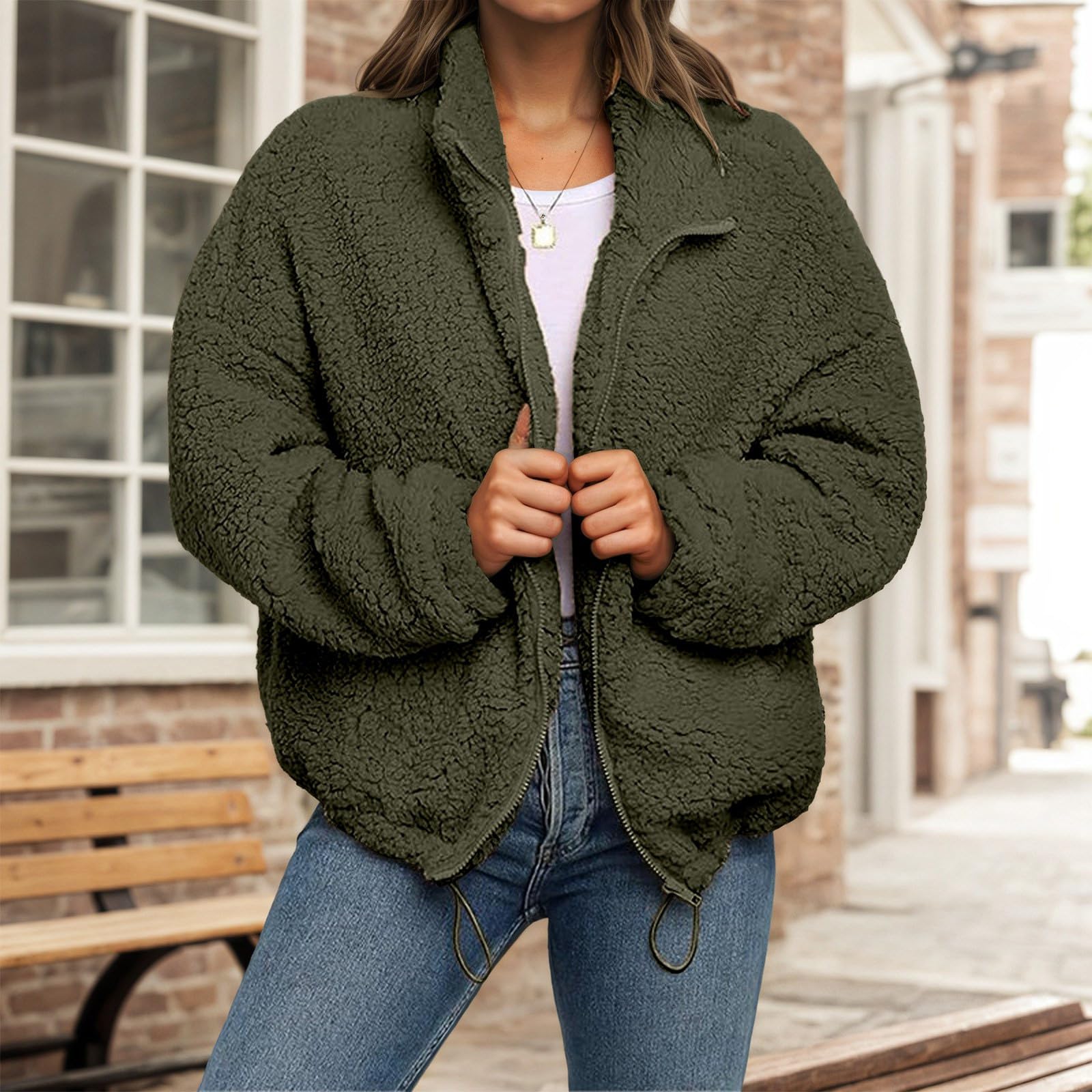 Generisch Strickjacke Damen Lang Kuscheliger Fleece-Pullover mit Kapuze, weich, locker geschnitten, langärmlig, Vordertaschen – perfekt für Herbst und Winter.