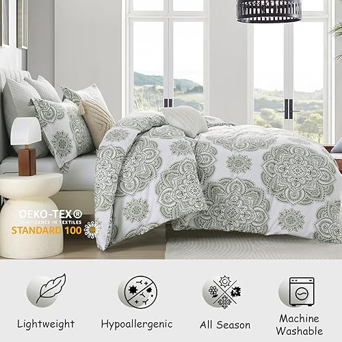 Miniatura 2 de Bedduvit Juego de funda de edredón de damasco tamaño Queen, 100% algodón, 3 piezas, ultra suave y transpirable, con cierre de cremallera y 8 lazos