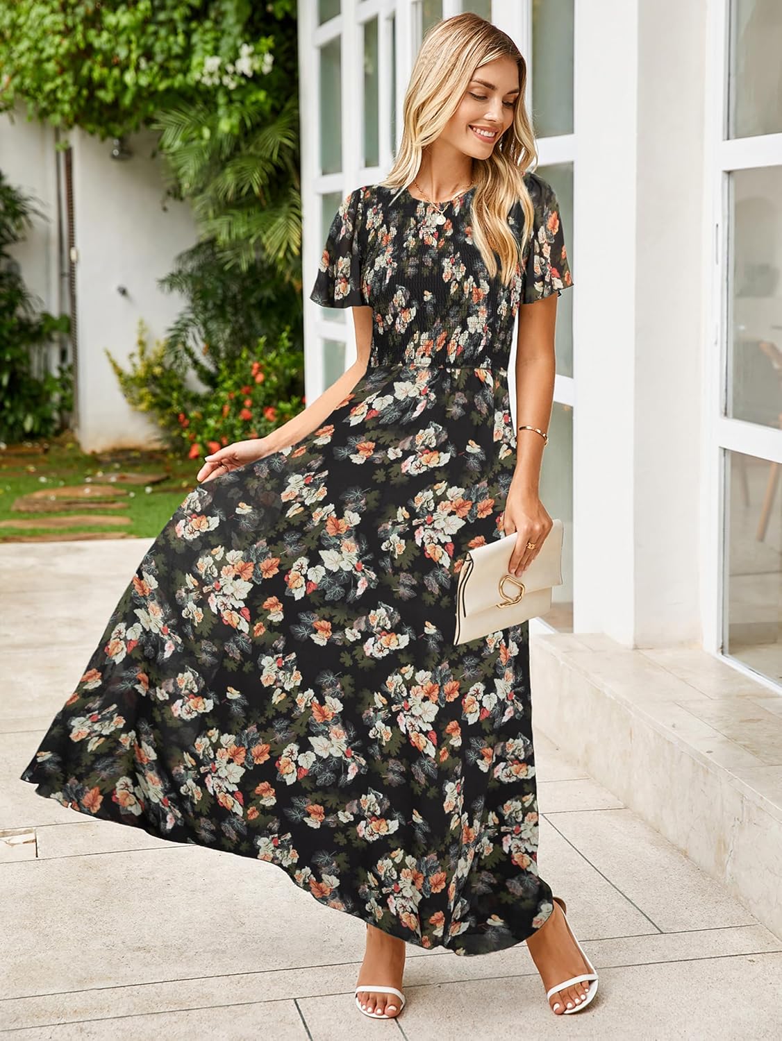 Simplee Womens Summer Floral Casual Maxi Dresses Flutter Short Sleeve Crew Neck Smocked Chiffon Boho Flowy Dress