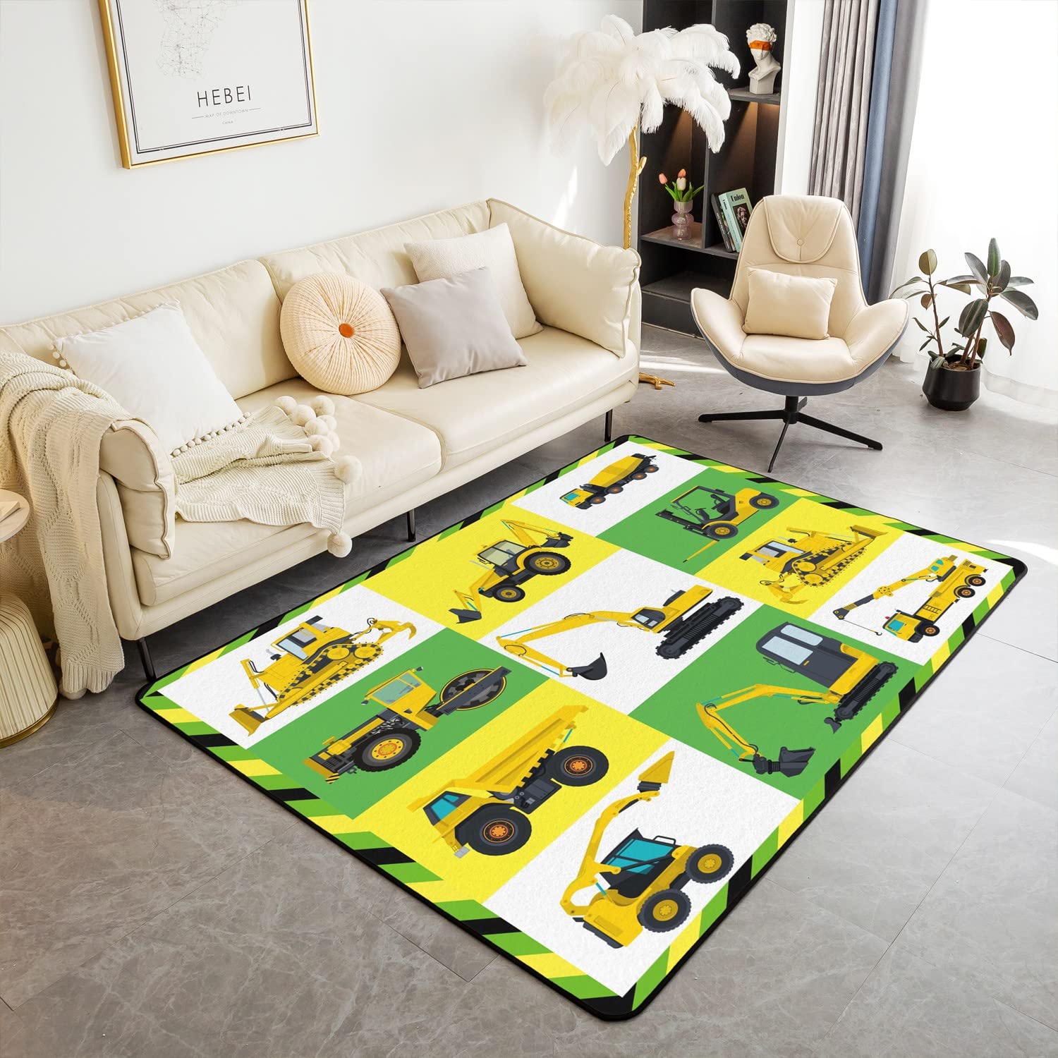 Loussiesd Excavator Decorative Carpet Area Rug Construction Vehicles Living Room Rugs for Kids Decor Equipment Trucks Accent Rug Microfiber Cartoon Car Decorative Rug 100 * 150cm