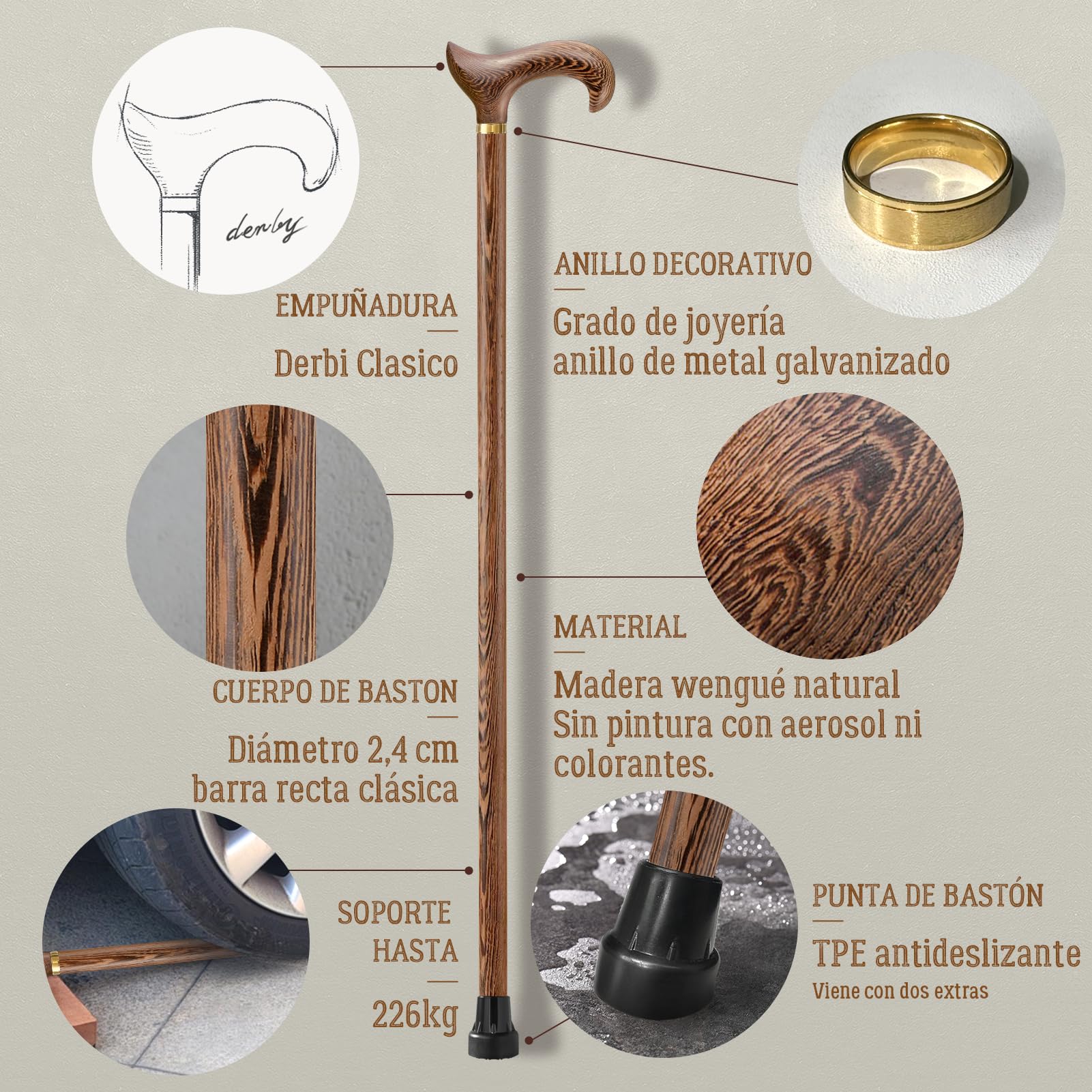 Bastón hecho a mano de madera para hombre y mujer, con capacidad de carga de 226 kg para personas mayores, bastones ergonómicos Derby de alta gama de madera maciza natural, adecuado para