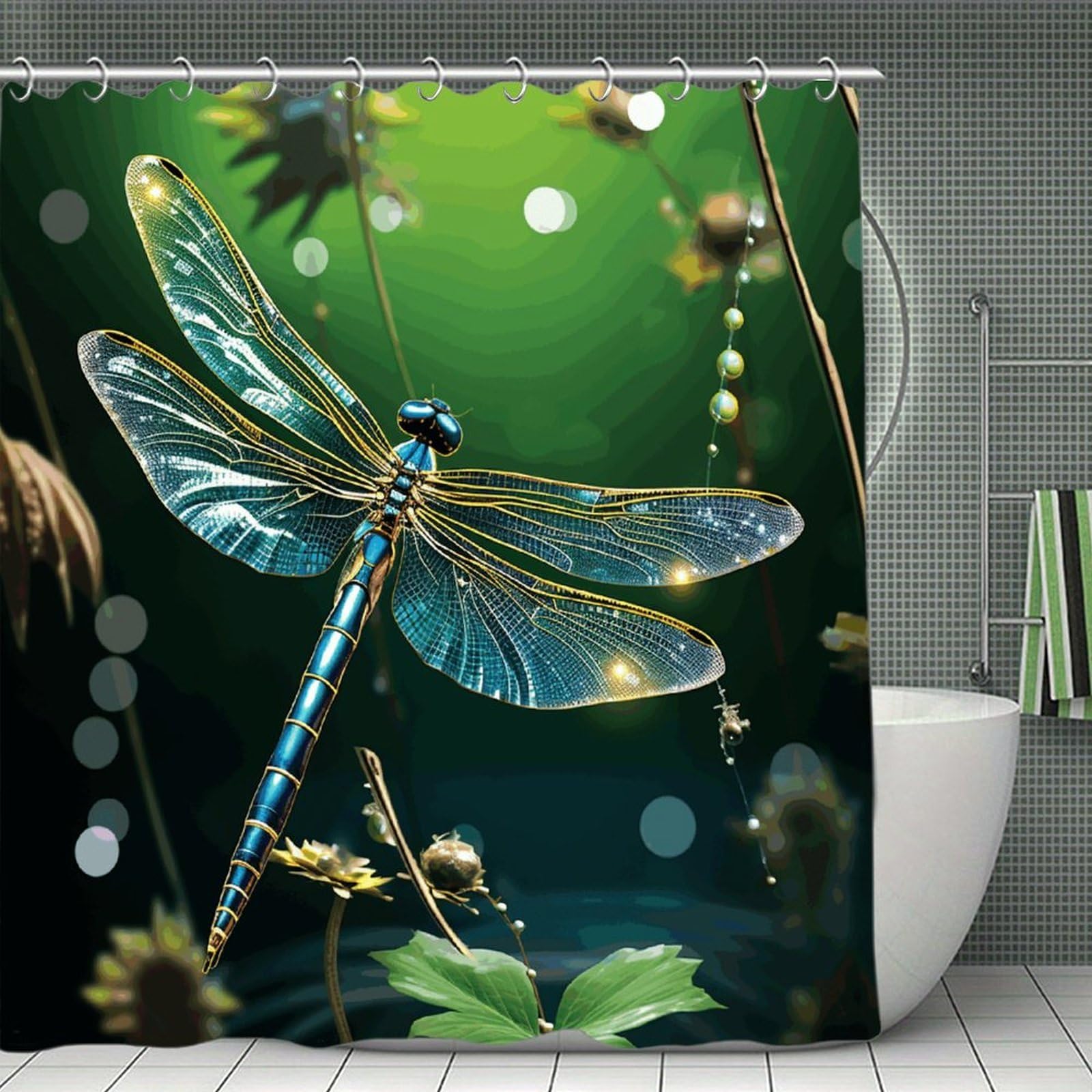 VstaDank Dragonfly Green Shower Curtain Waterproof Bathroom Curtain with Hooks Luxury Weighted Bath Curtains for Bathtubs Showers Room Dividers Decorative Shower Curtains 71x71 in
